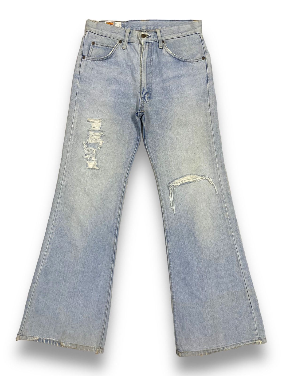 image of Vintage 80's Big John Light Washed Distressed Flared Jeans in Blue, Men's (Size 29)