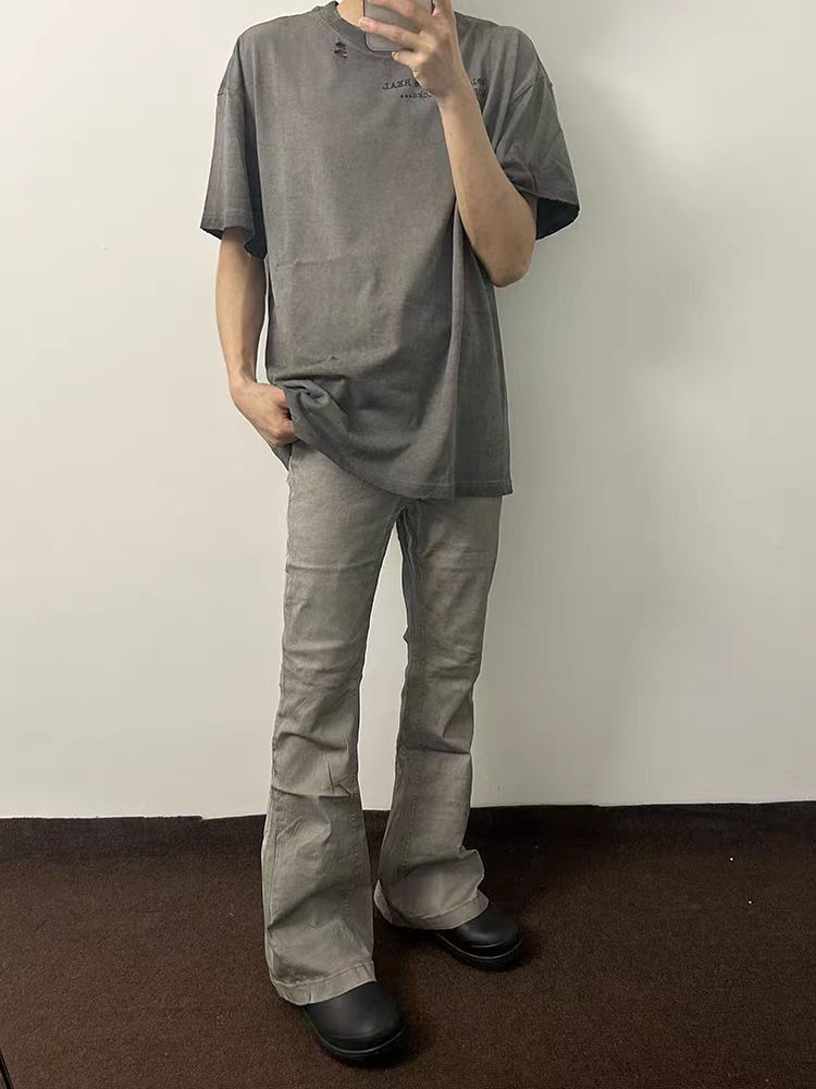 Washed Gray Tie-Dye Micro Flare Casual Denim Trousers