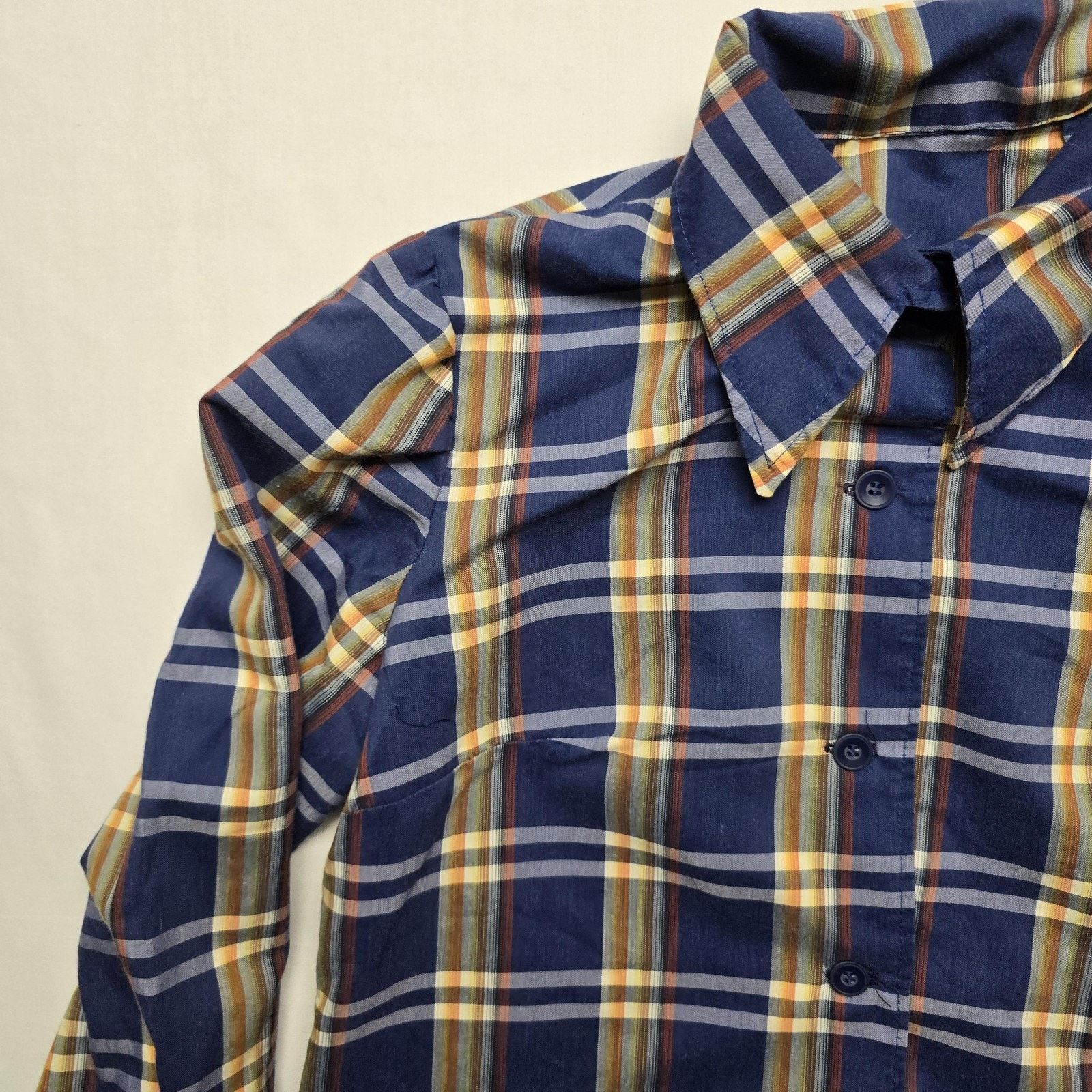 Vintage Vintage Plaid Shirt M Blue Yellow Wide Collar Button Up Size L / US 10 / IT 46 - 6 Thumbnail