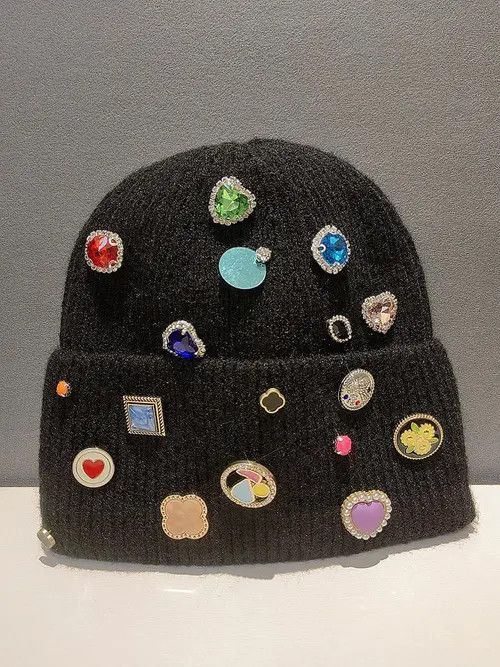 Other Black Beanie Hat with Colorful Gems and Badges Size ONE SIZE - 2 Thumbnail