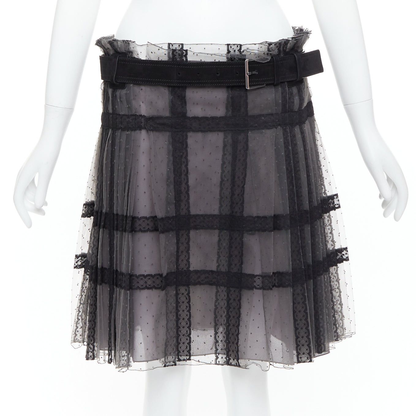Dior CHRISTIAN DIOR grey black lace Plumetis tulle suede belt wrap skirt Size 28" / US 6 / IT 42 - 1 Thumbnail