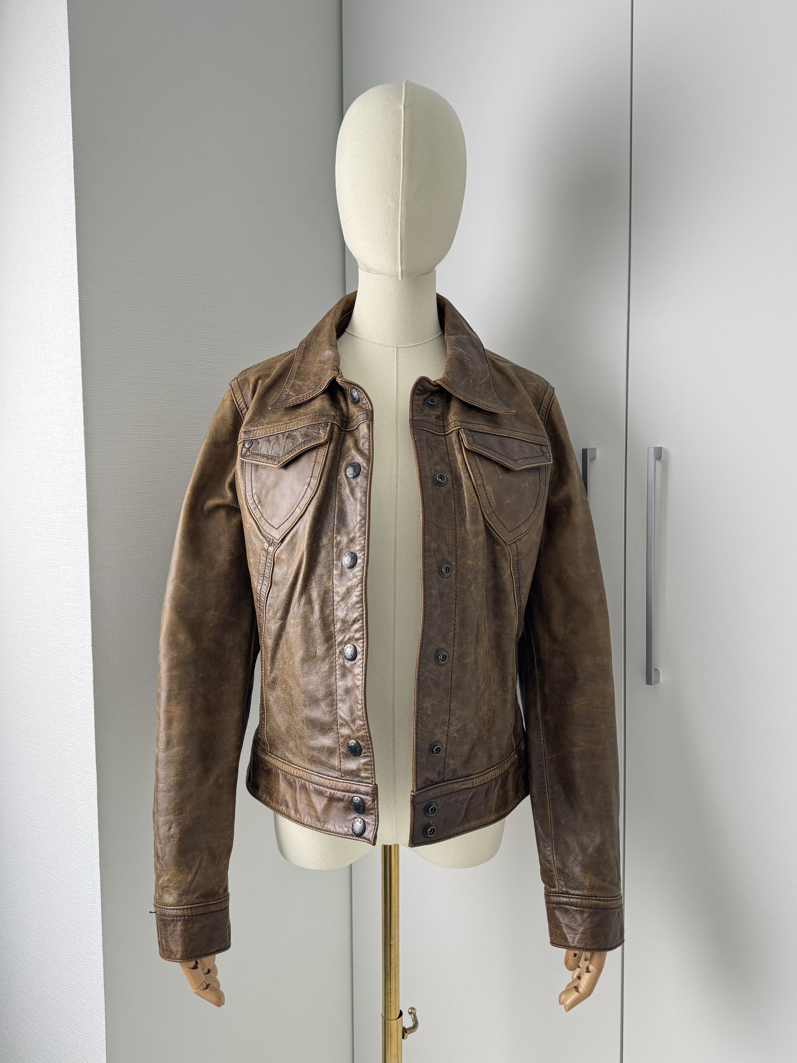 Vintage Y2K Brown Leather Jacket Womens Fitted Button Up Biker Style Size S / US 4 / IT 40 - 3 Thumbnail