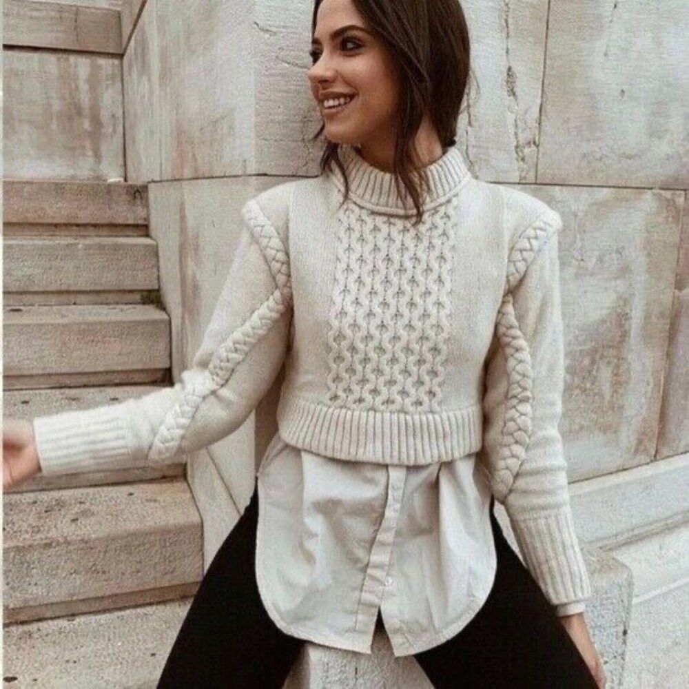 Zara New Zara Crop Wool Blend Cable Knit Ecru 4219/100 Sweater S Size S / US 4 / IT 40 - 2 Thumbnail