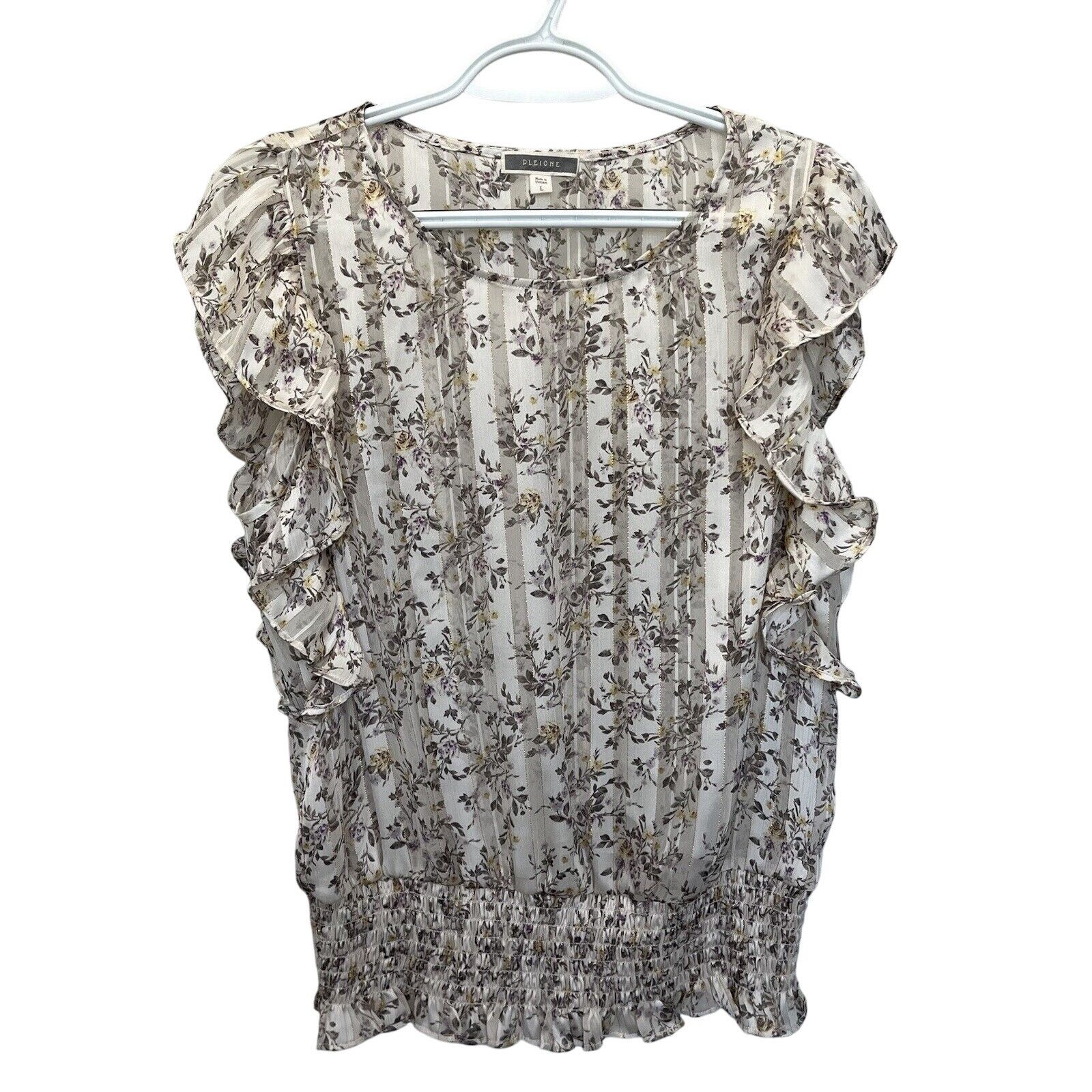 Anthropologie Pleione | Anthro White Metallic Pipe Roses Floral Ruffle Top Size L / US 10 / IT 46 - 2 Thumbnail