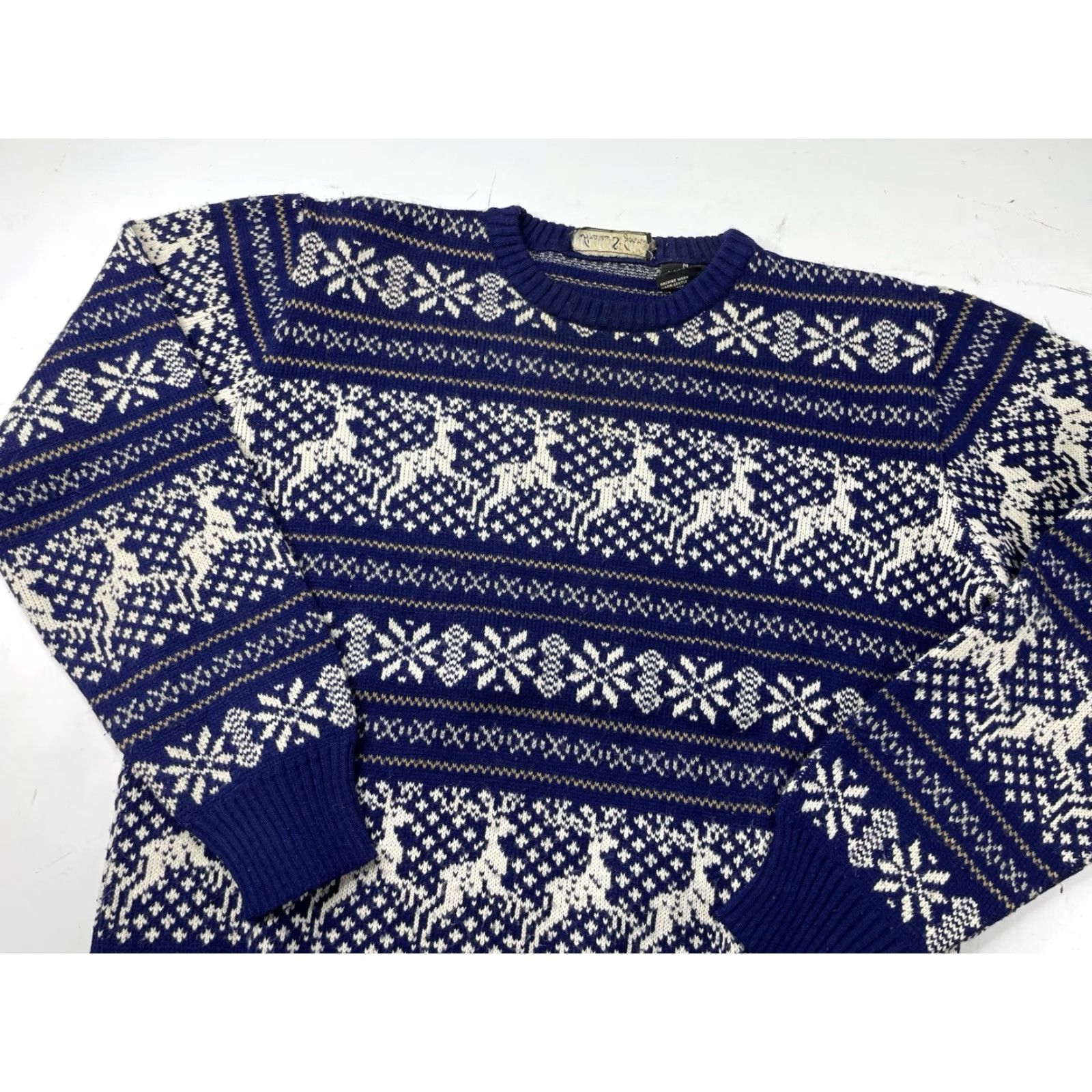Vintage VINTAGE Andrew St John Fair Isle Reindeer Winter Knit Sweater Size M Blue Cotton Knit Crew Neck Long Sleeve Men Pullover 90s Ski Winter Casual Logo Size US M / EU 48-50 / 2 - 2 Thumbnail