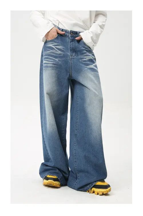 Japanese Brand × Jean Washed crease vintage wide-leg jeans trend Size US 32 / EU 48 - 2 Thumbnail