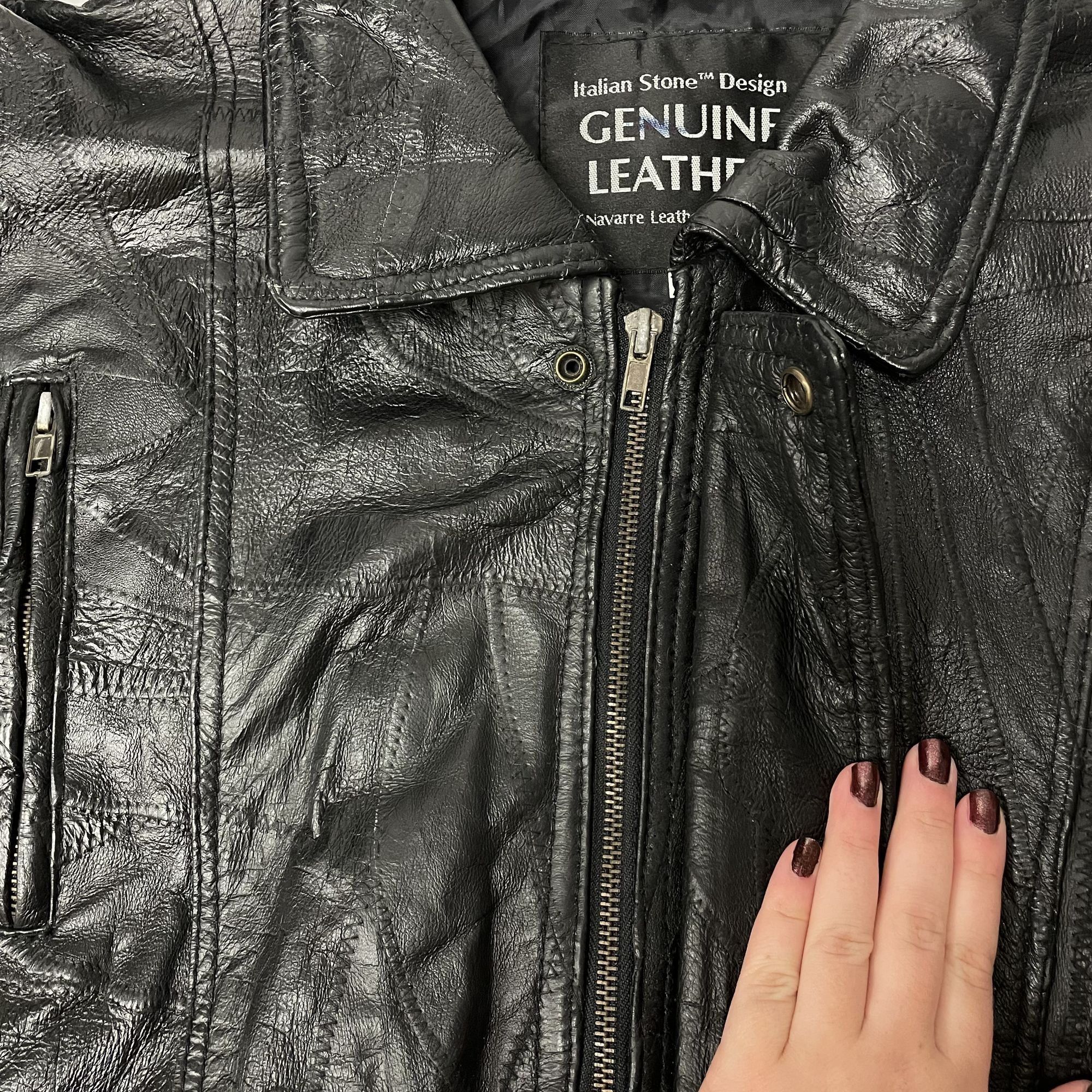 Other Vtg Navarre Italian STONE Design Black Leather BOMBER Size US XL / EU 56 / 4 - 7 Thumbnail