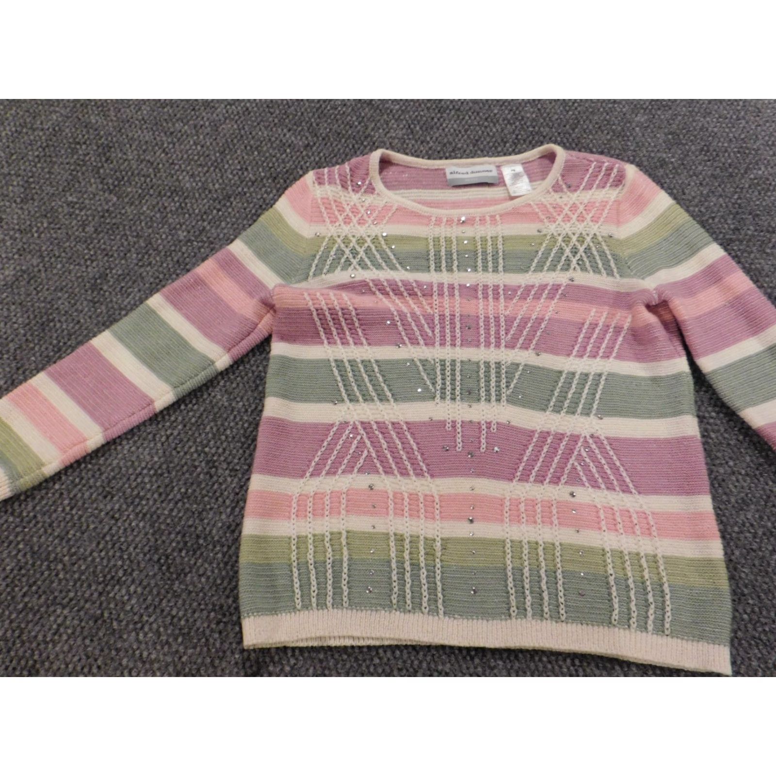 Vintage Alfred Dunner Womens Sweater PS Petites Pink Crewneck Striped Cap Sleeve Long Sleeve Pullover Knit Size S / US 4 / IT 40 - 2 Thumbnail