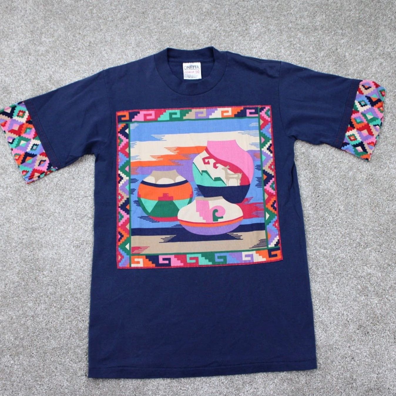 Vintage VINTAGE Oneita Power/50 Shirt Mens Medium Blue Aztec Southwest Tribal S/S Size US M / EU 48-50 / 2 - 2 Thumbnail
