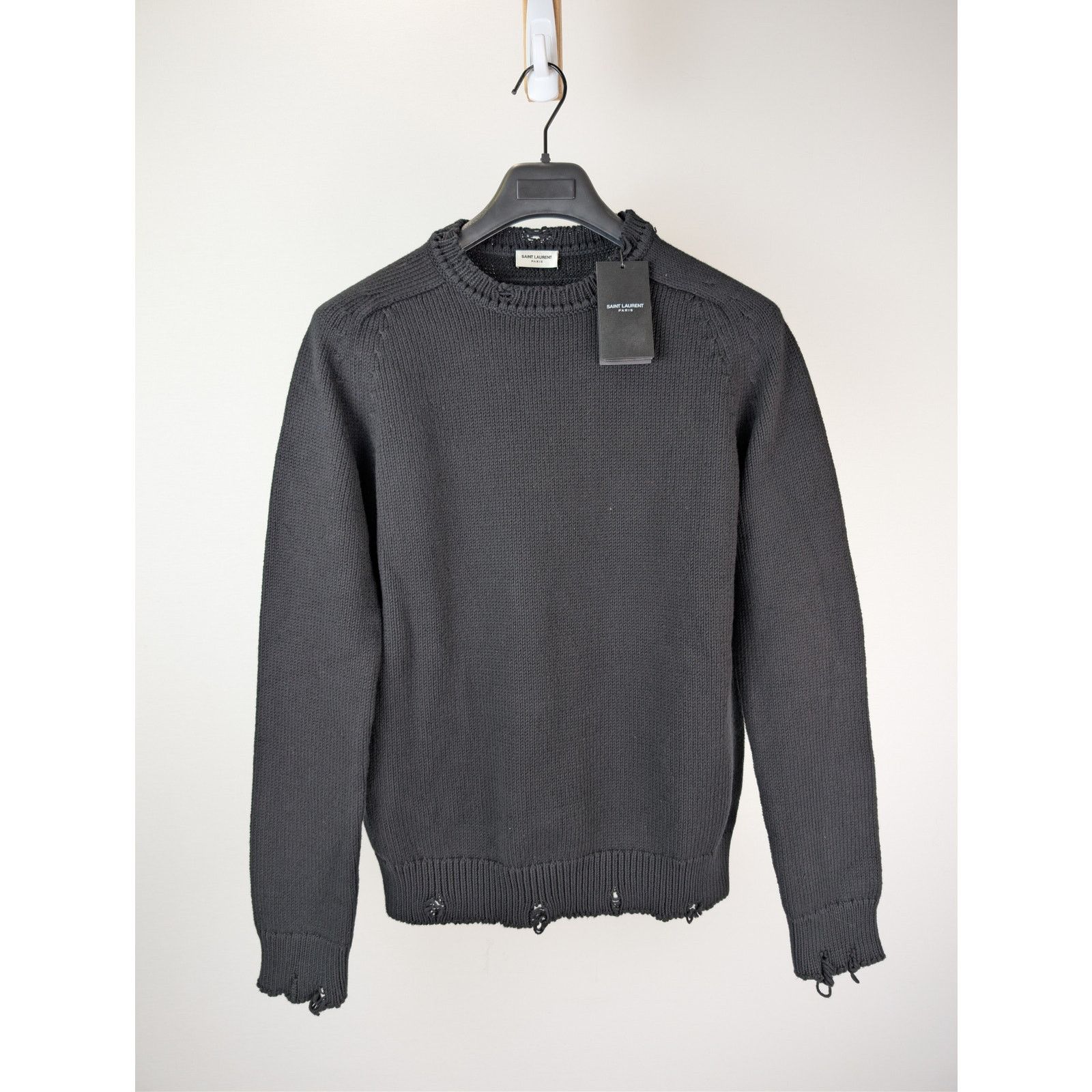 Saint Laurent Paris o1rshd1 Distressed Cotton Knit Crew-Neck Sweater in Black Size US M / EU 48-50 / 2 - 9 Thumbnail