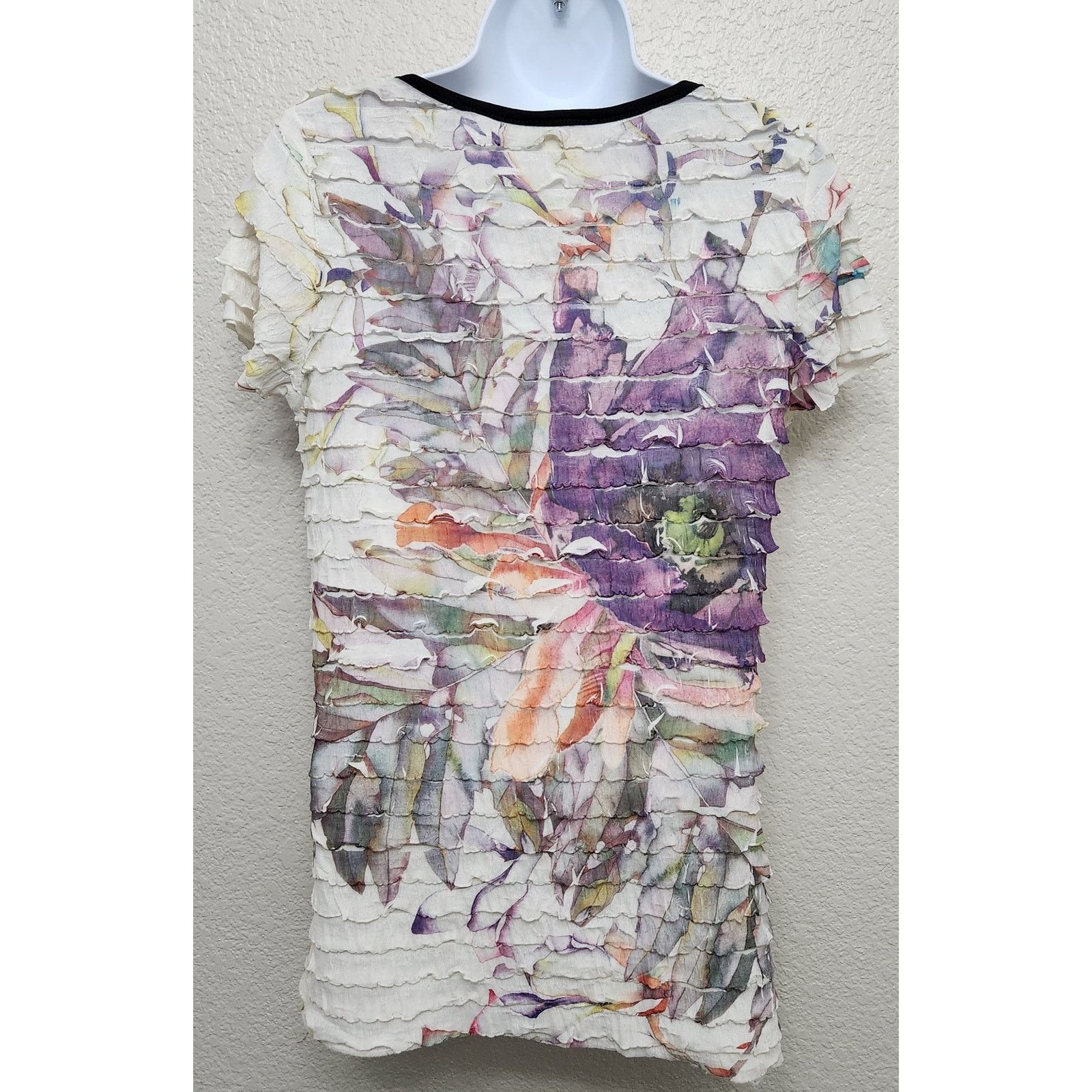 Other Lavish Cream Purple Ruffled Floral Print Top Large Stretch Size L / US 10 / IT 46 - 3 Thumbnail