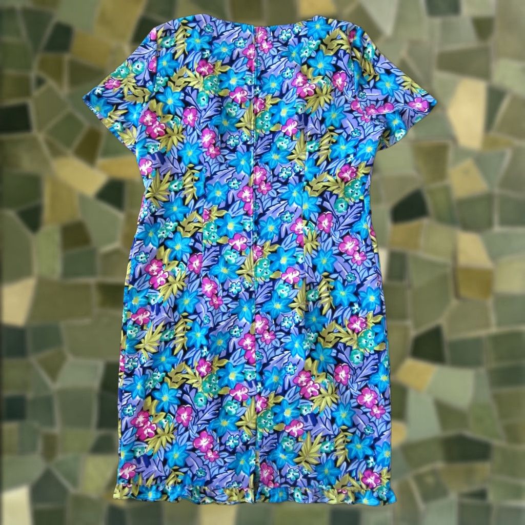 Lee VINTAGE Kathie Lee Collection Pink Floral Short Sleeve Tunic Dress 14 Green Blue Yellow Zipper Knee Length Casual Formals 90s? Size 36" / US 14 / IT 50 - 1 Thumbnail