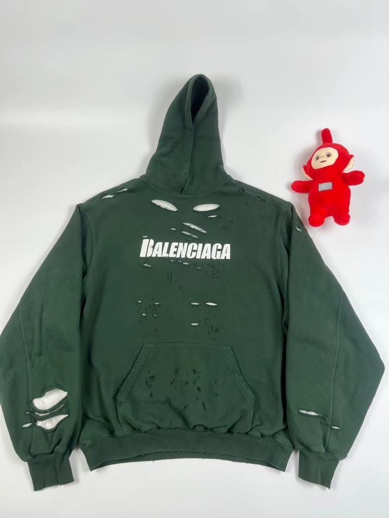 Balenciaga Balenciaga Dark Green Destruction Rift Letter logo Hoodie 2 Size US XXS / EU 40 - 1 Thumbnail