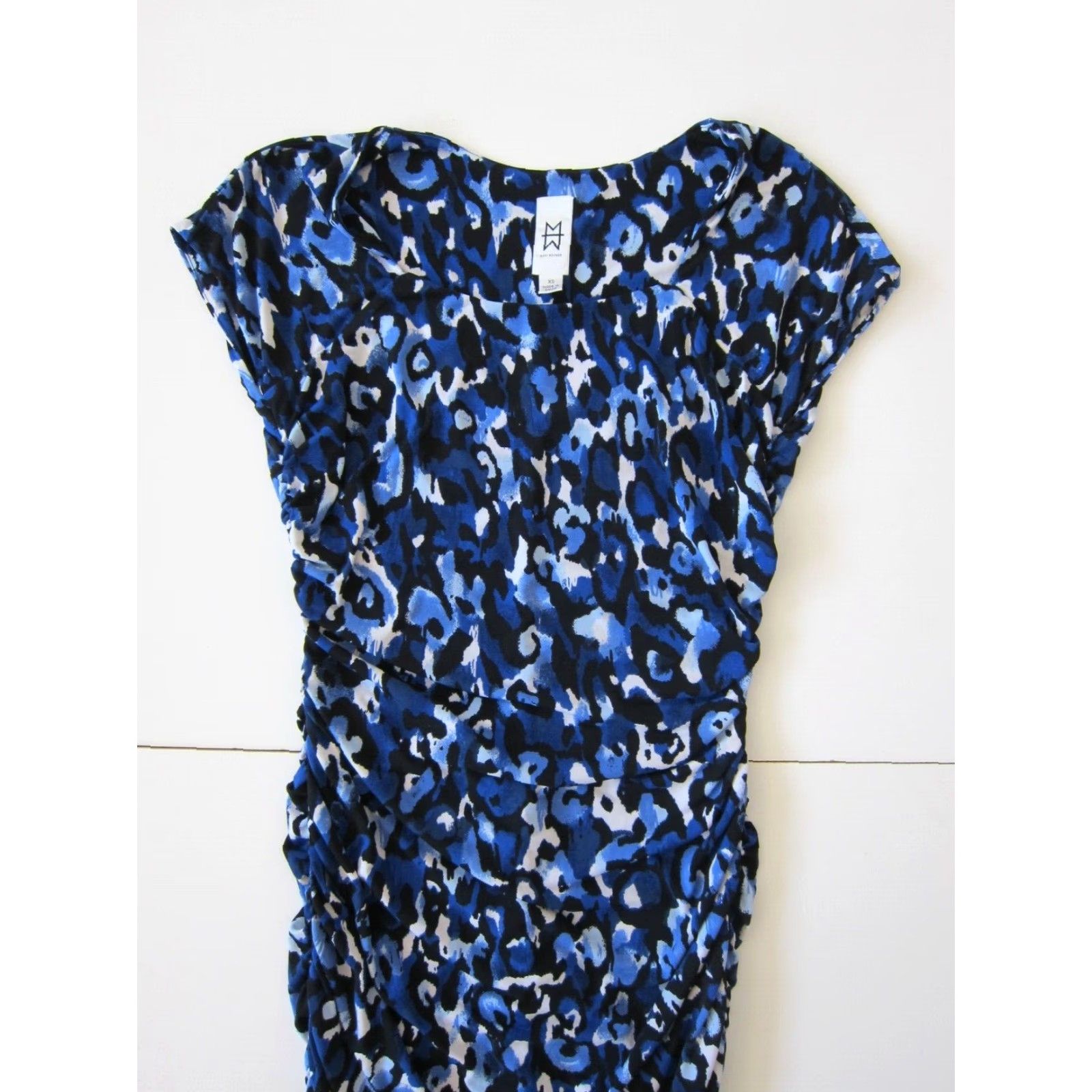Marcs Marc Bouwer Leopard Stretch Cap Sleeve Ruched Bodycon Dress XS Blue White Black Leopard Pattern Midi Party/Cocktail Womens Size XS / US 0-2 / IT 36-38 - 7 Thumbnail