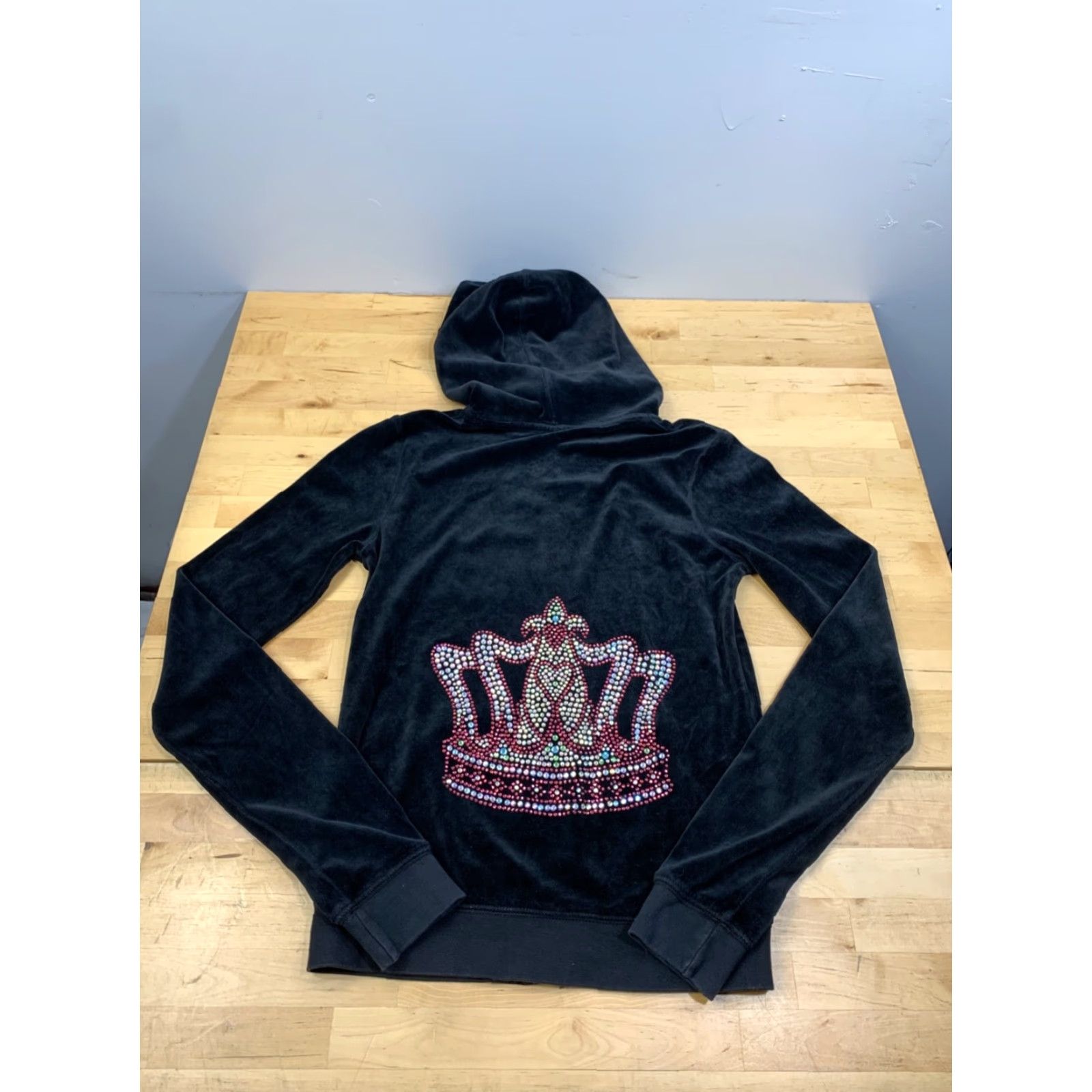 Velour VINTAGE Tankh Velour Jacket Womens M Black Rhinestones Y2K Hooded Zip Size M / US 6-8 / IT 42-44 - 7 Thumbnail