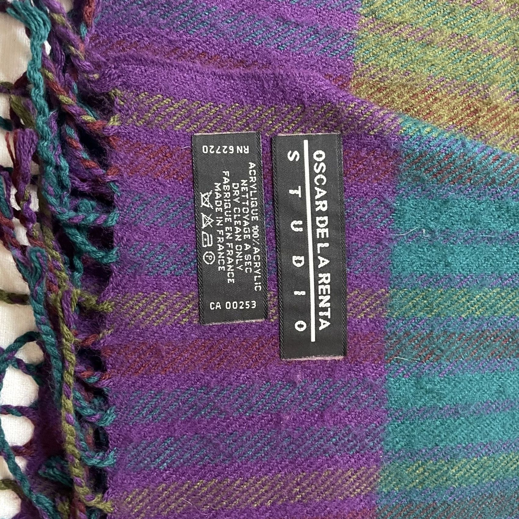 Oscar De La Renta VINTAGE Oscar de la Renta Studio Purple Red Green Stripe Plaid Fringe Silk Scarf Women Size ONE SIZE - 4 Thumbnail