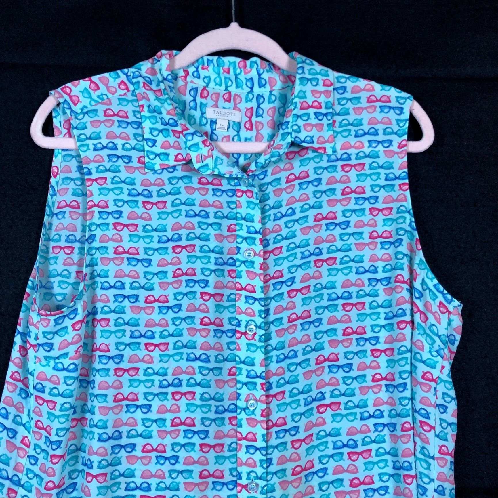 Talbots Talbots Womens Blouse Blue Multi Eye Glasses Pattern Sleeveless Button Down LP Blouse Ladies Medium Short Sleeve? Size L / US 10 / IT 46 - 2 Thumbnail