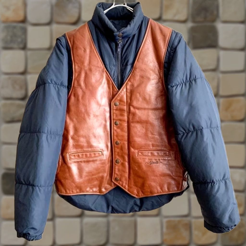 Schott Schott 2WAY Leather Down Jacket navy Vest USA Size 40 (L-XL) F/S Men's Jacket 2WAY Down Vest Navy Slim Casual Winter Heavy Size US L / EU 52-54 / 3 - 1 Thumbnail