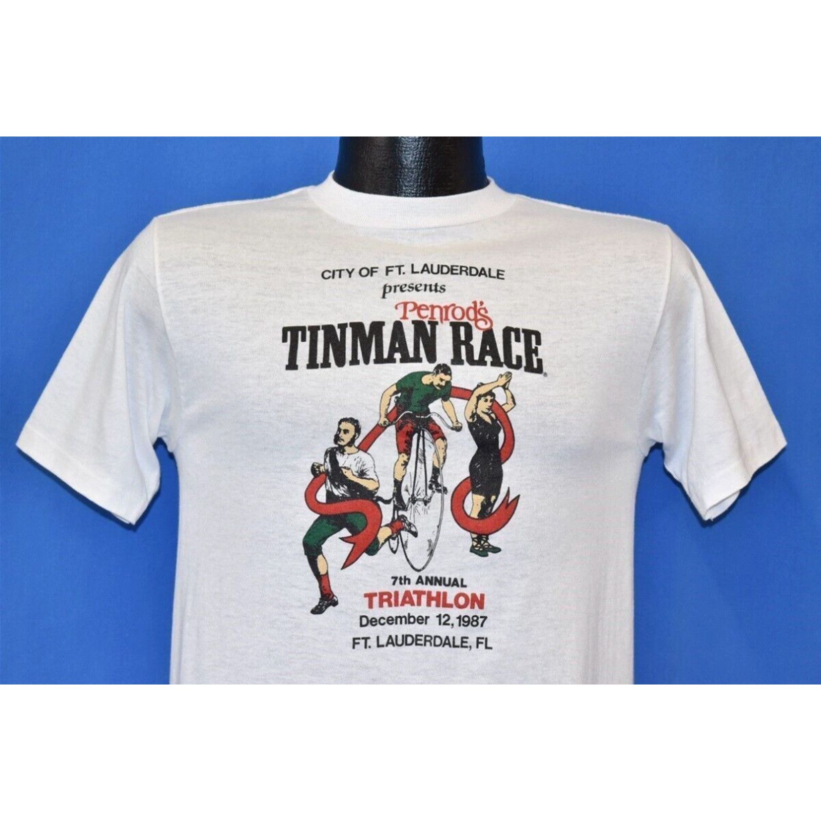 Image of Vintage 80's Ft Lauderdale Penrod's Tinman Race Big Wheel Bicycle T-Shirt Small S in White, Men's