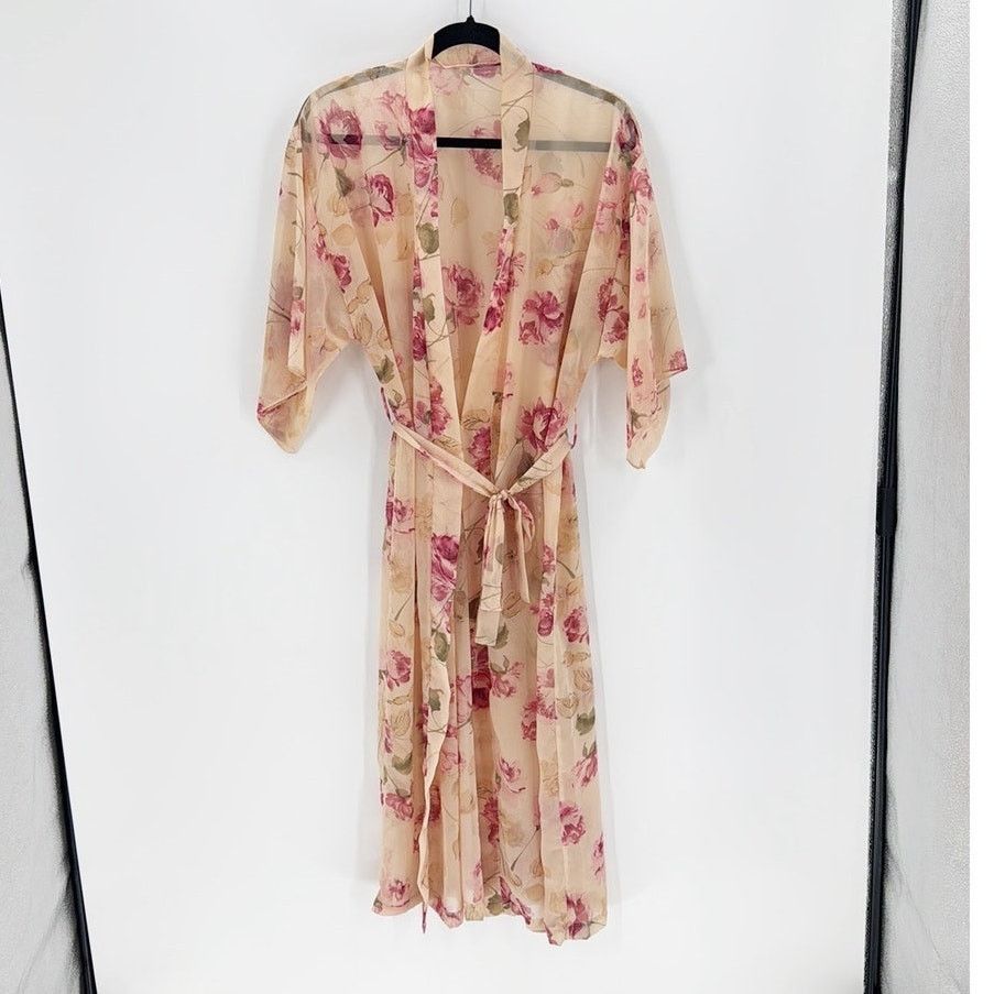 Vintage Vintage 80s pink floral sheer kimono sleeves robe size s/m Size ONE SIZE - 1 Thumbnail