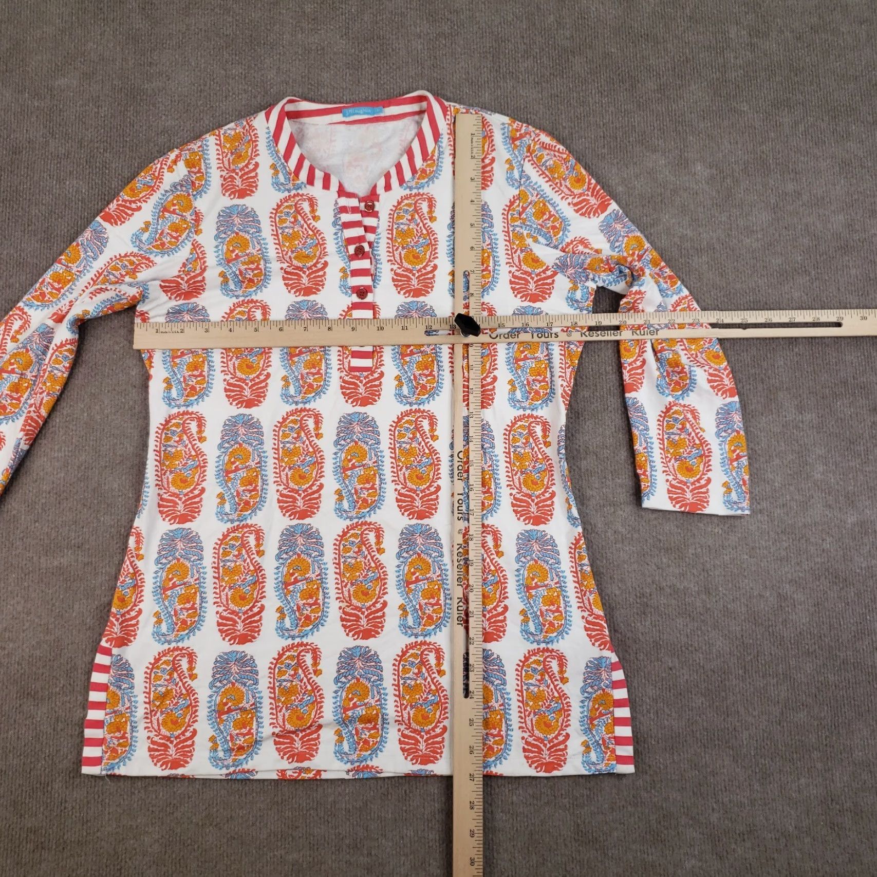 J.McLaughlin J McLaughlin Blouse Shirt Womens Medium Orange White Catalina Cloth Stretch Paisley Henley Pullover Casual Tunic Size M Nylon Spandex Size M / US 6-8 / IT 42-44 - 2 Thumbnail