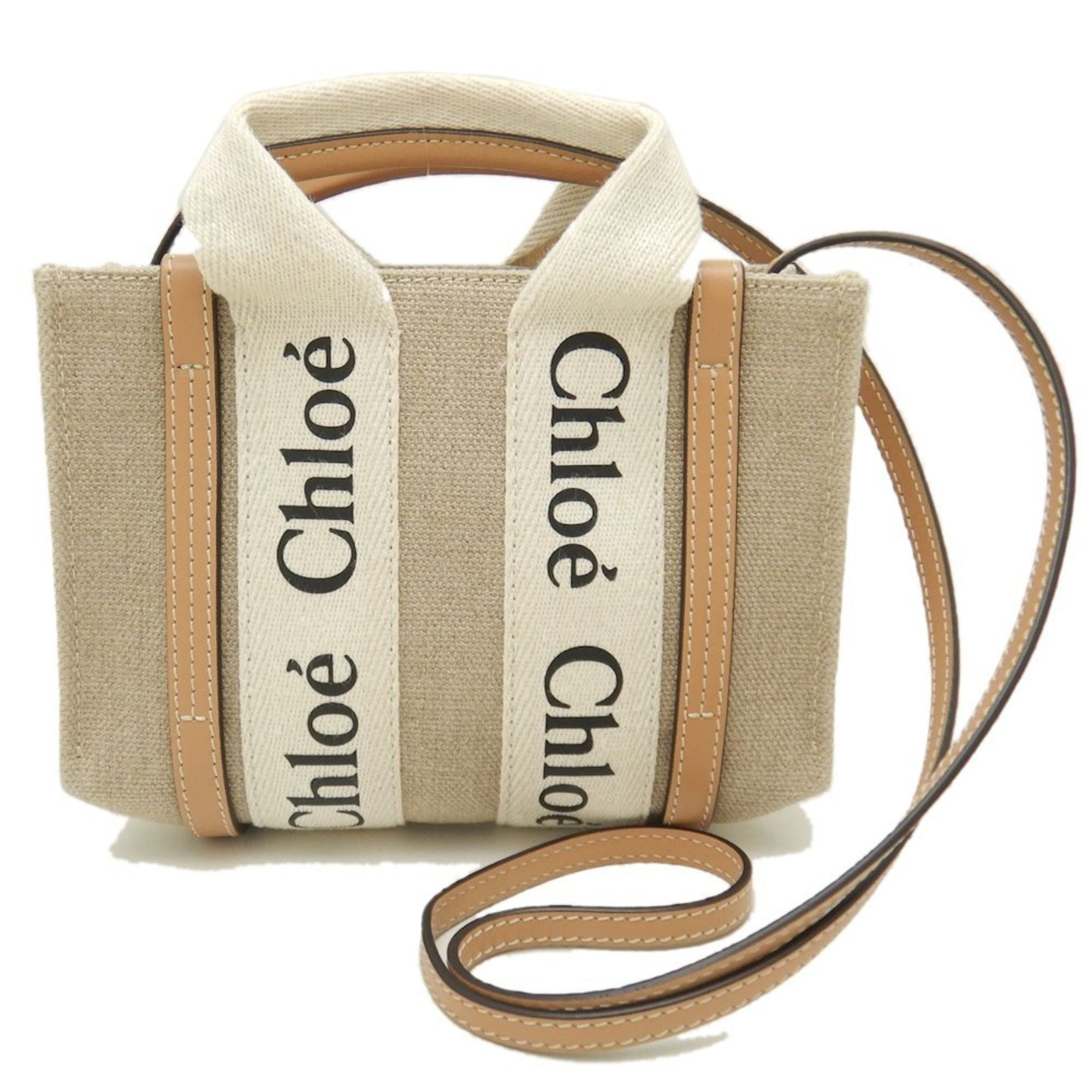 image of Chloé Chloe Woody Tote Chc22Ap237I2690Z Bag Linen X Leather Beige 251704, Women's