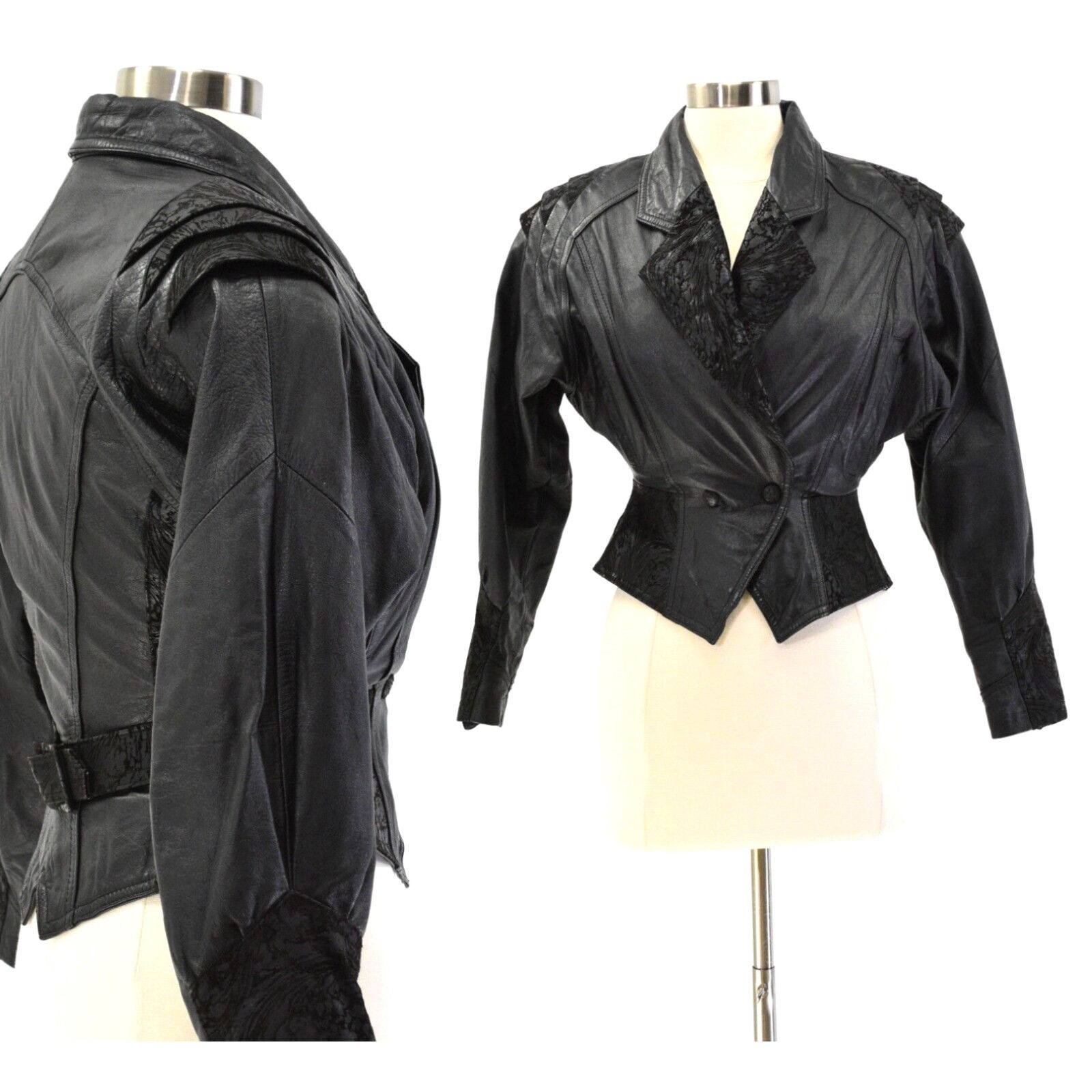 Image of 80's Vintage Cropped Nip Waist Black Leather Jacket Womens S Chia Iconic 80's in White (Size Small)