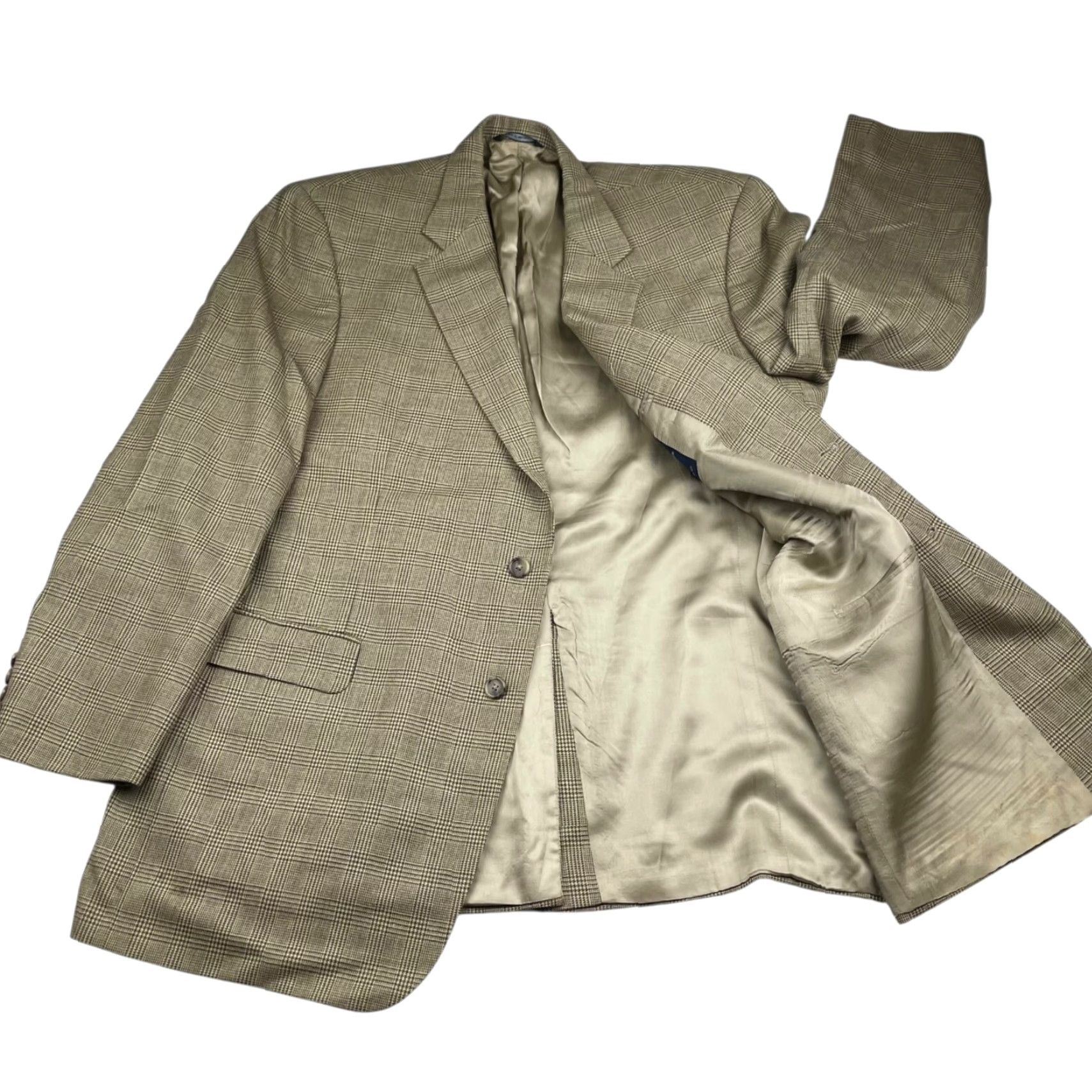 Brooks Brothers Brooks Brothers Men's Blazer 100% Wool Beige/Green Glen Plaid 2-Button 46L Jacket Long Mens Size 46R - 3 Thumbnail