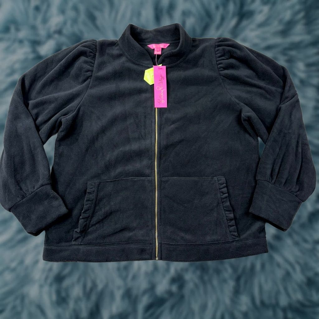 Lilly Pulitzer Lilly Pulitzer Cabello Fleece Zip-Up Jacket Black Puff Shoulder Mock Neck XL Womens Short Jacket Zipper Pocket (Casual, Travel) Size XL / US 12-14 / IT 48-50 - 1 Thumbnail