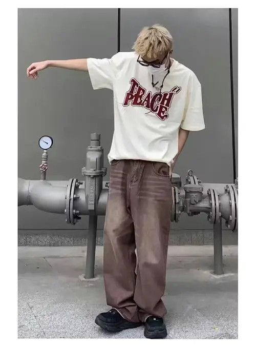 image of Vintage Fade Baggy Distressed Washed Hiphop Jeans in Brown, Men's (Size 32)