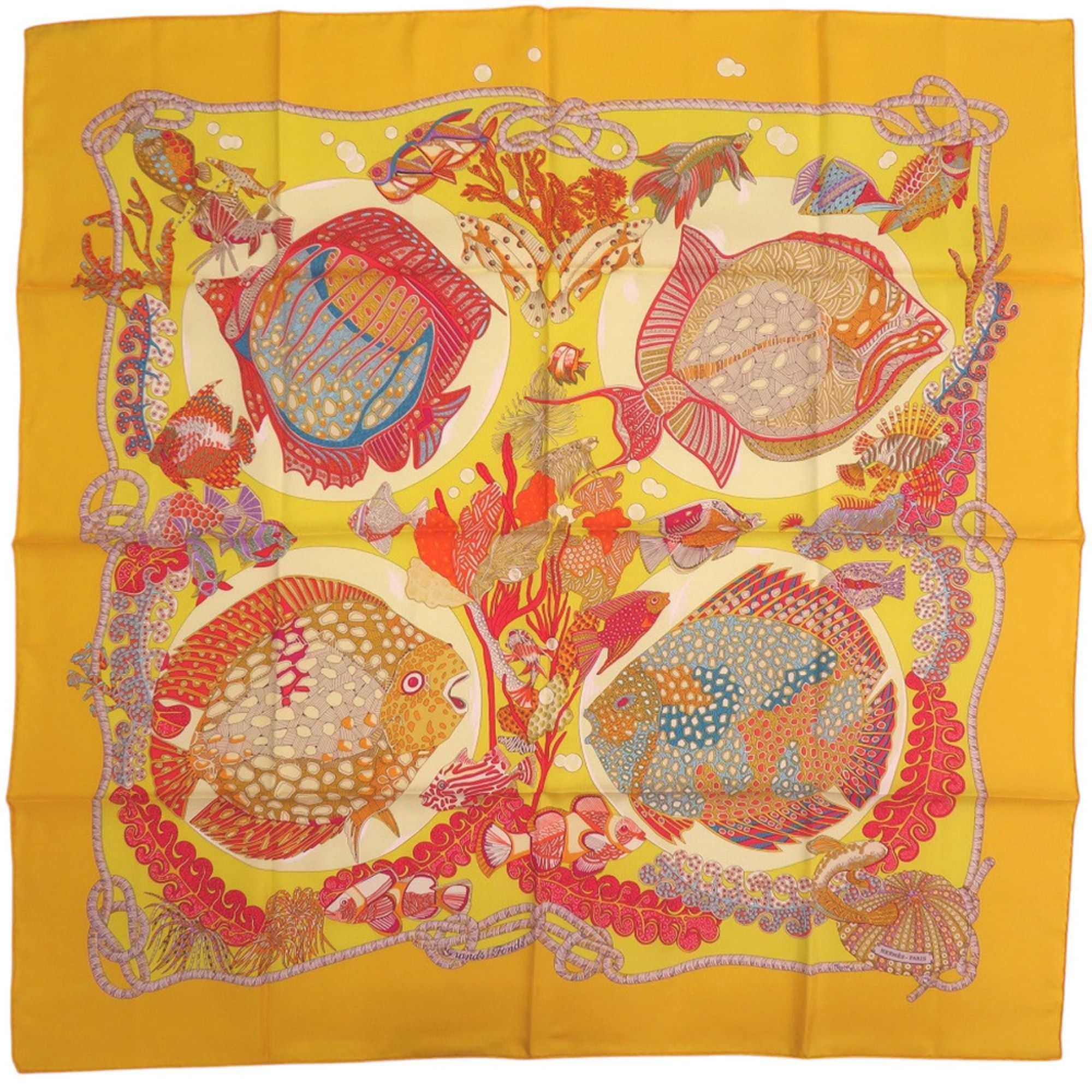 Hermes Like New Hermes Carre 90 GRANDS FONDS Deep Sea Silk Scarf/Muffler, Yellow 1799HERMES Size ONE SIZE - 1 Thumbnail