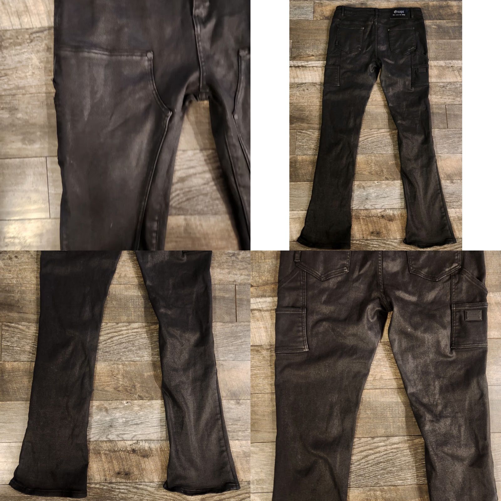 Vintage Guapi Jeans Mens 40x37 Stacked Waxed Black Carpenter Pockets Distressed Cargo Pocket Slim Regular Jeans 40 In Se 37 In Navy? Size US 40 / EU 56 - 8 Thumbnail