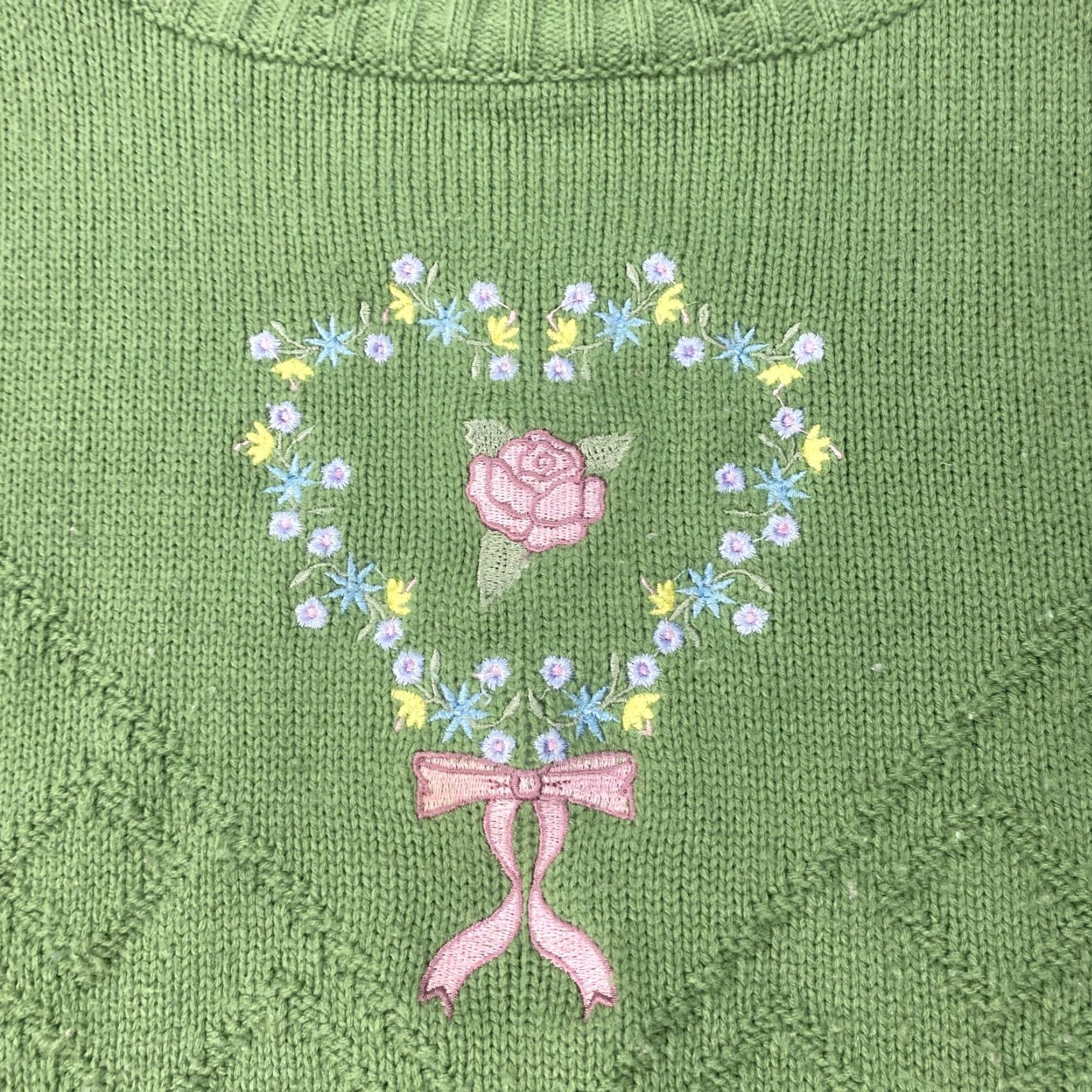 Vintage LT by Liz Thomas Sweater Womens Medium Green Floral Heart Embroidery Pullover Acrylic Size M / US 6-8 / IT 42-44 - 2 Thumbnail