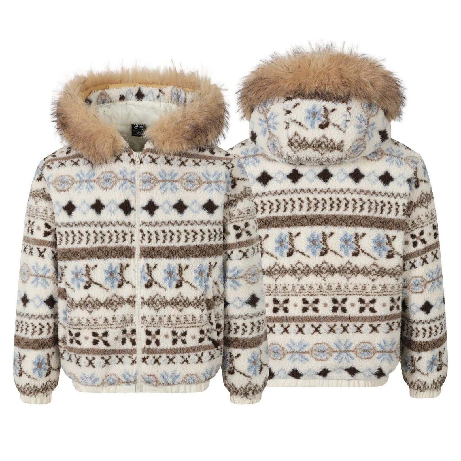 Japanese Brand Gray Patterned Faux Fur Hooded Fleece Jacket Size US M / EU 48-50 / 2 - 5 Thumbnail