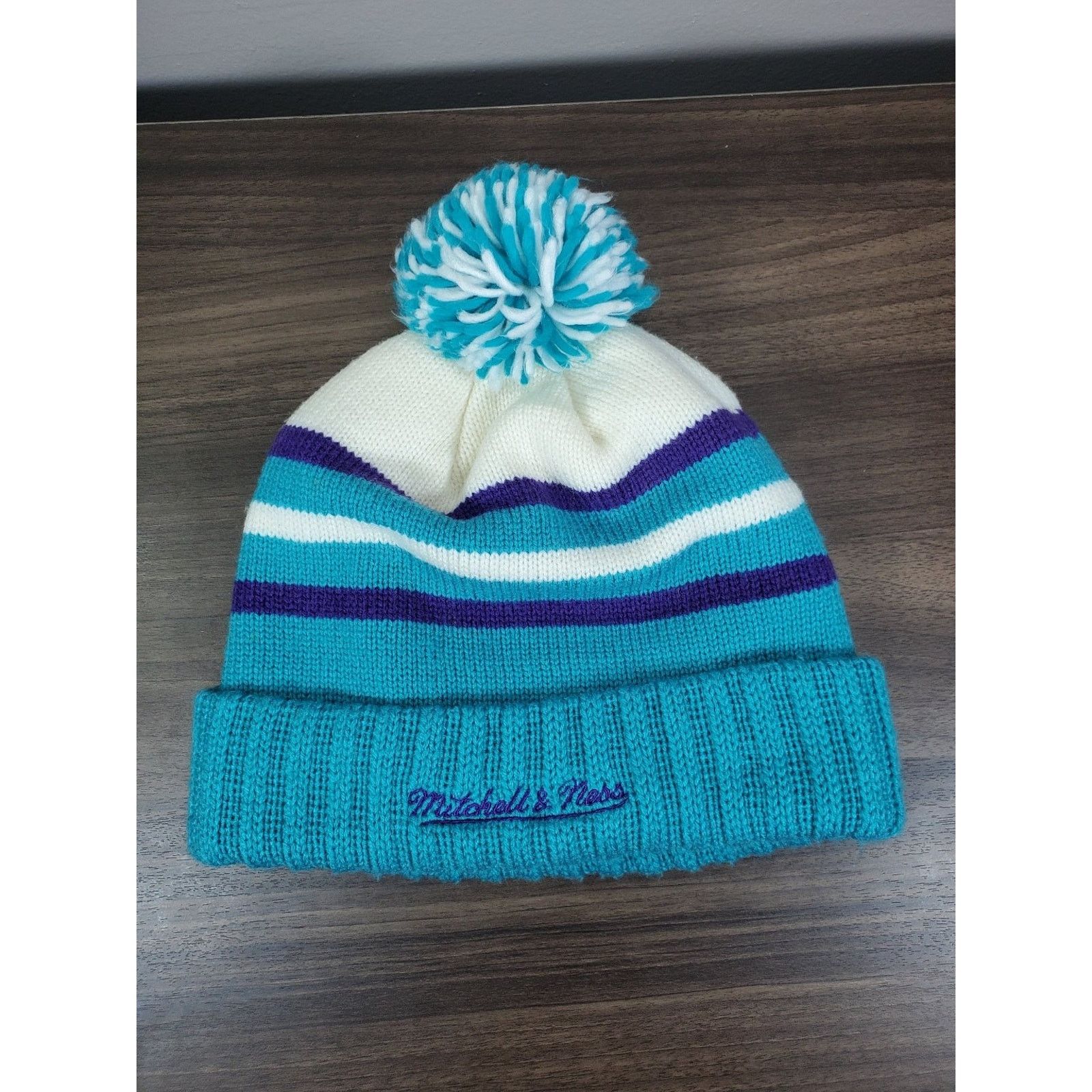 Mitchell & Ness × NBA Charlotte Hornets Script Winter Hat Pom Beanie Striped Knit Size ONE SIZE - 2 Thumbnail