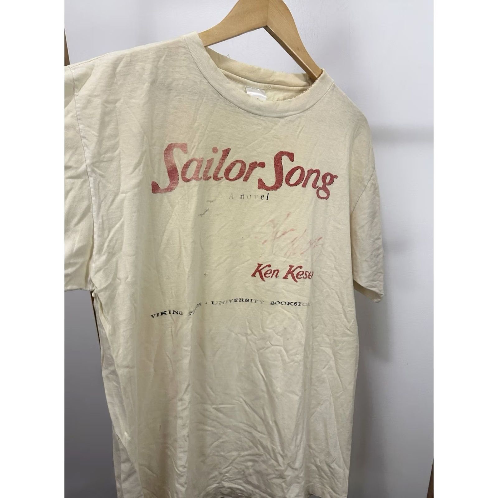 Vintage VTG Sailors Song Ken Kesey Signed T-Shirt Distressed Cream L Mens XP? Size US XL / EU 56 / 4 - 3 Thumbnail