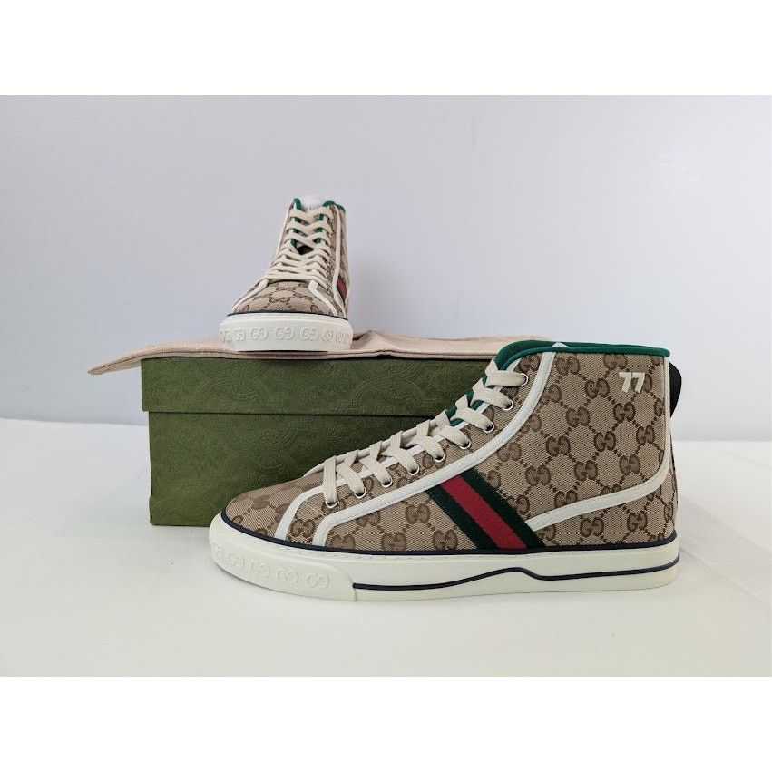 Gucci o1rshd1 Tennis 1977 Canvas High-Top Sneakers in Beige Ebony Size US 11 / EU 44 - 21 Thumbnail