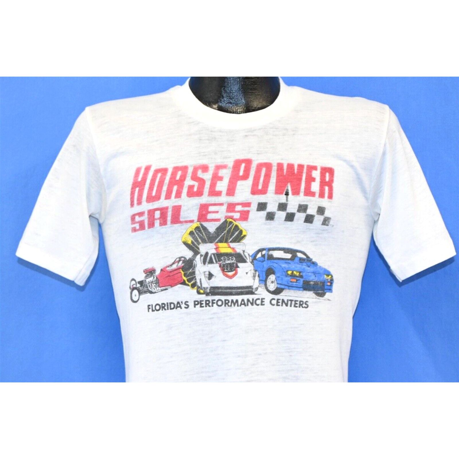 image of Vintage 70's Horsepower Fl Automobile Shop Distressed T-Shirt Small S in White, Men's