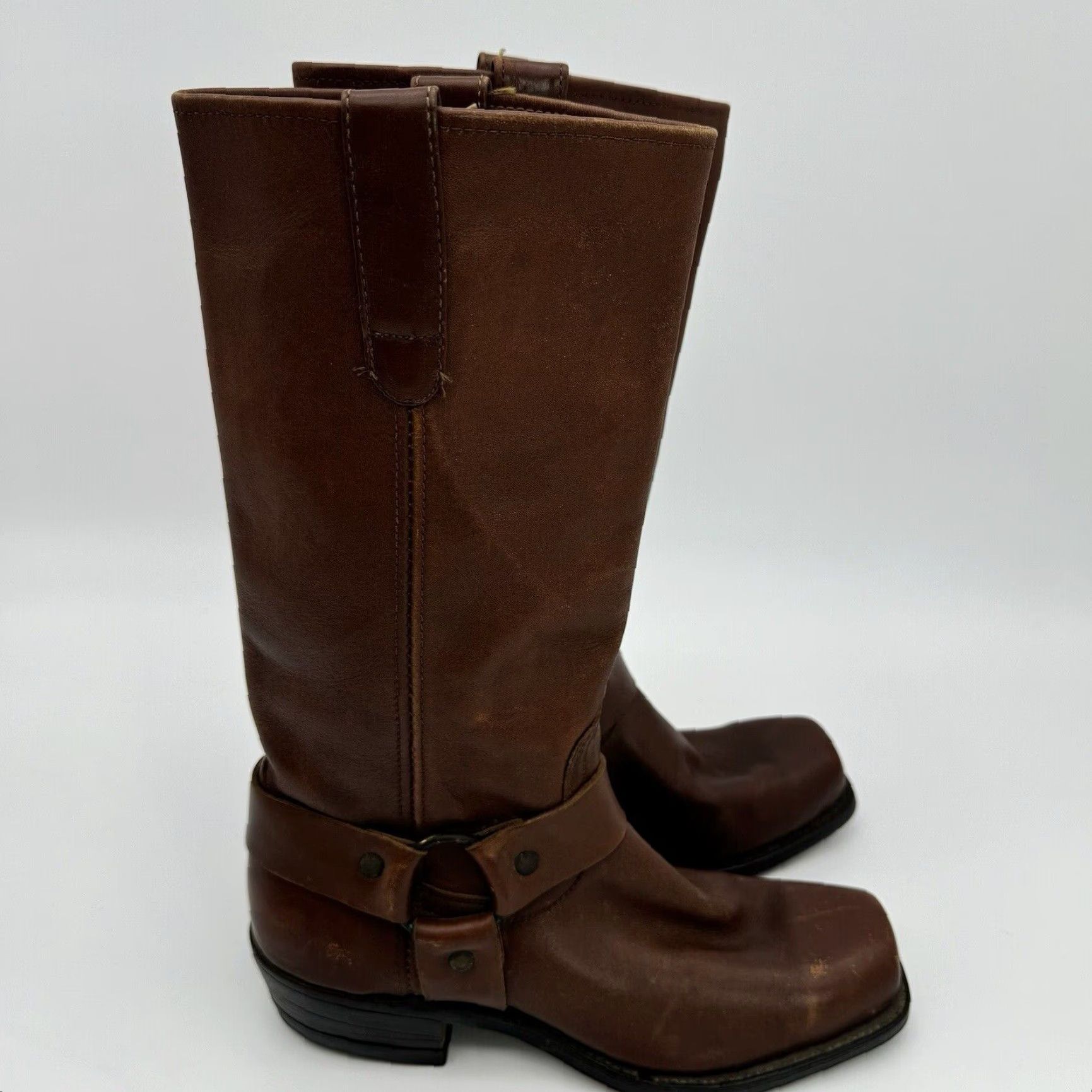 Vintage VINTAGE 60s 70s Harness Cowboy Boots Square Toe Engineer Stacked Heel Men’s 7.5 Brown Leather Size US 8 / EU 41 - 6 Thumbnail
