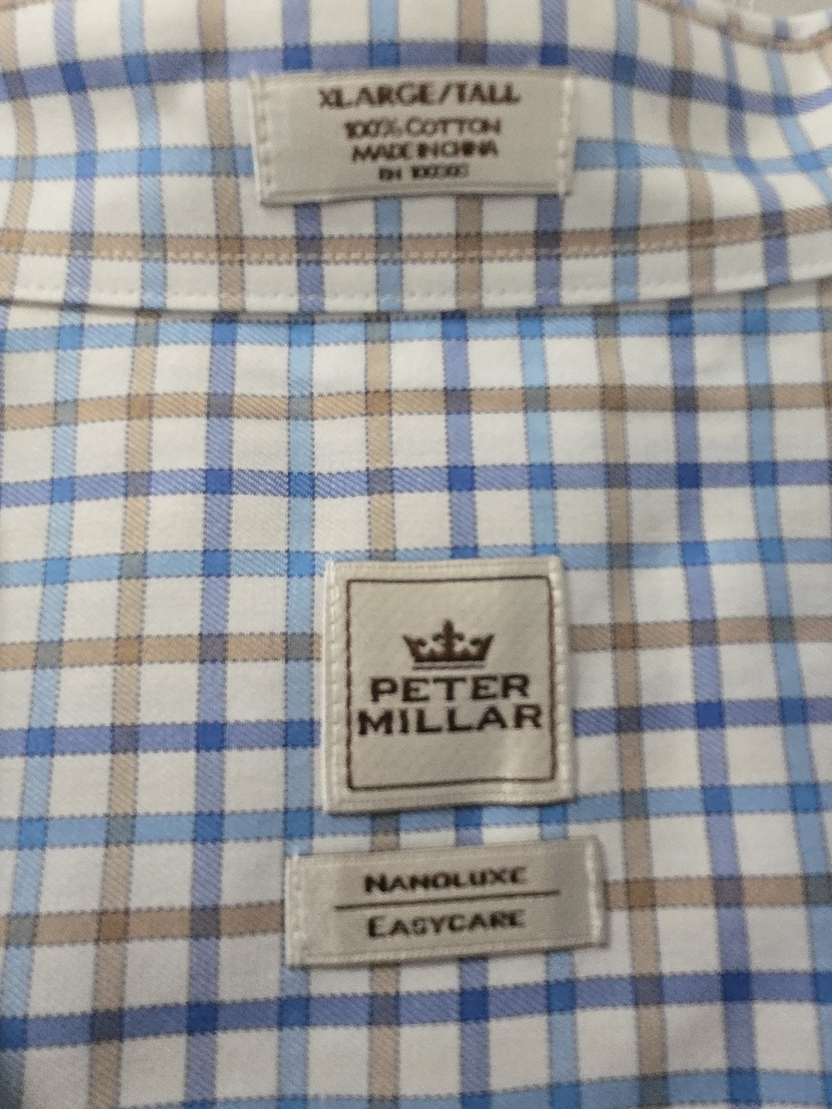 Peter Millar Peter Millar Men's Nanoluxe Twill Tan, and blue Check shirt Size US XL / EU 56 / 4 - 2 Thumbnail