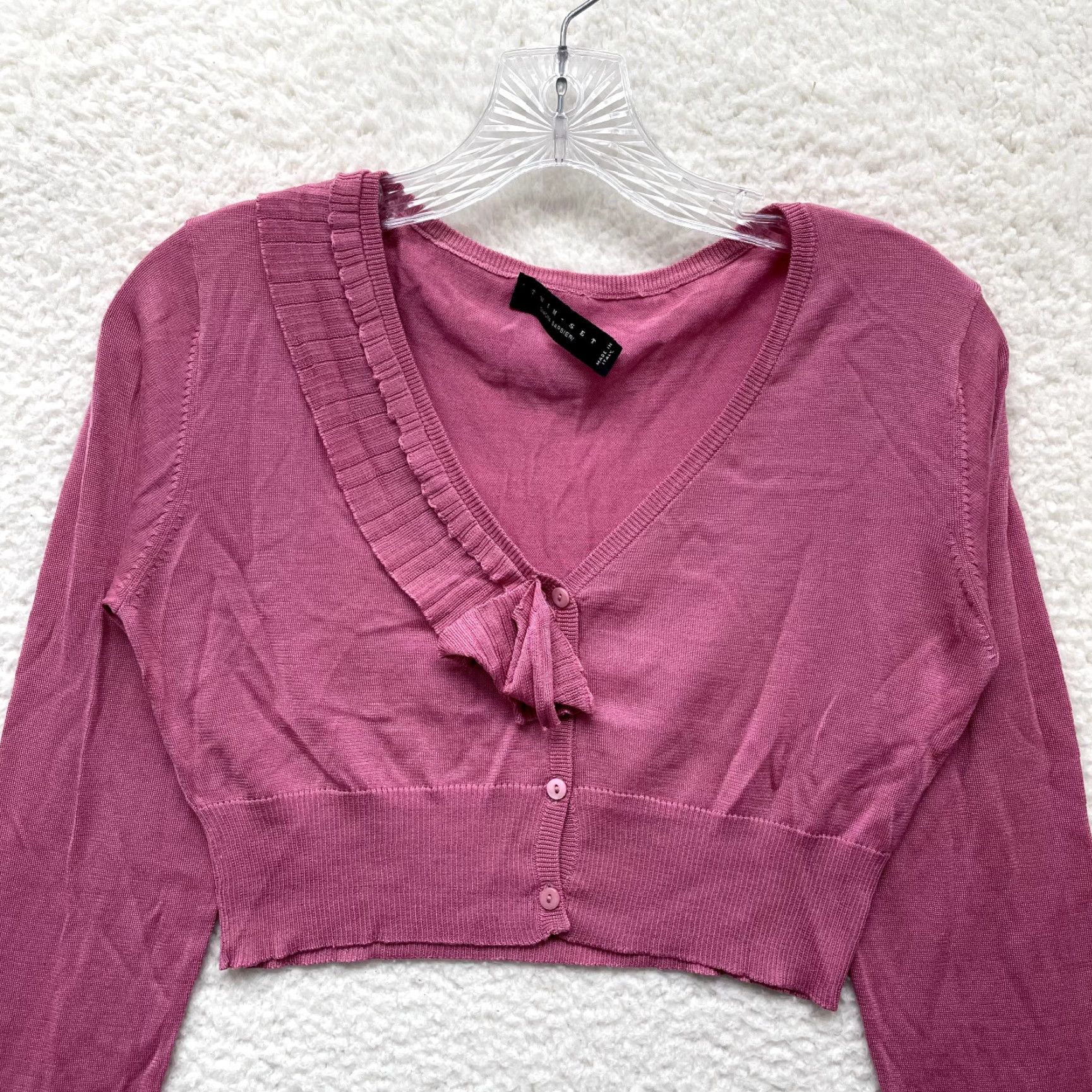 TWINSET TWINSET Cardigan Top Shirt Womens Medium Pink Silk Knit V-Neck Button Long Sleeve Fashion Italy 90s Fairy Coquette Whimsigoth Size M / US 6-8 / IT 42-44 - 3 Thumbnail