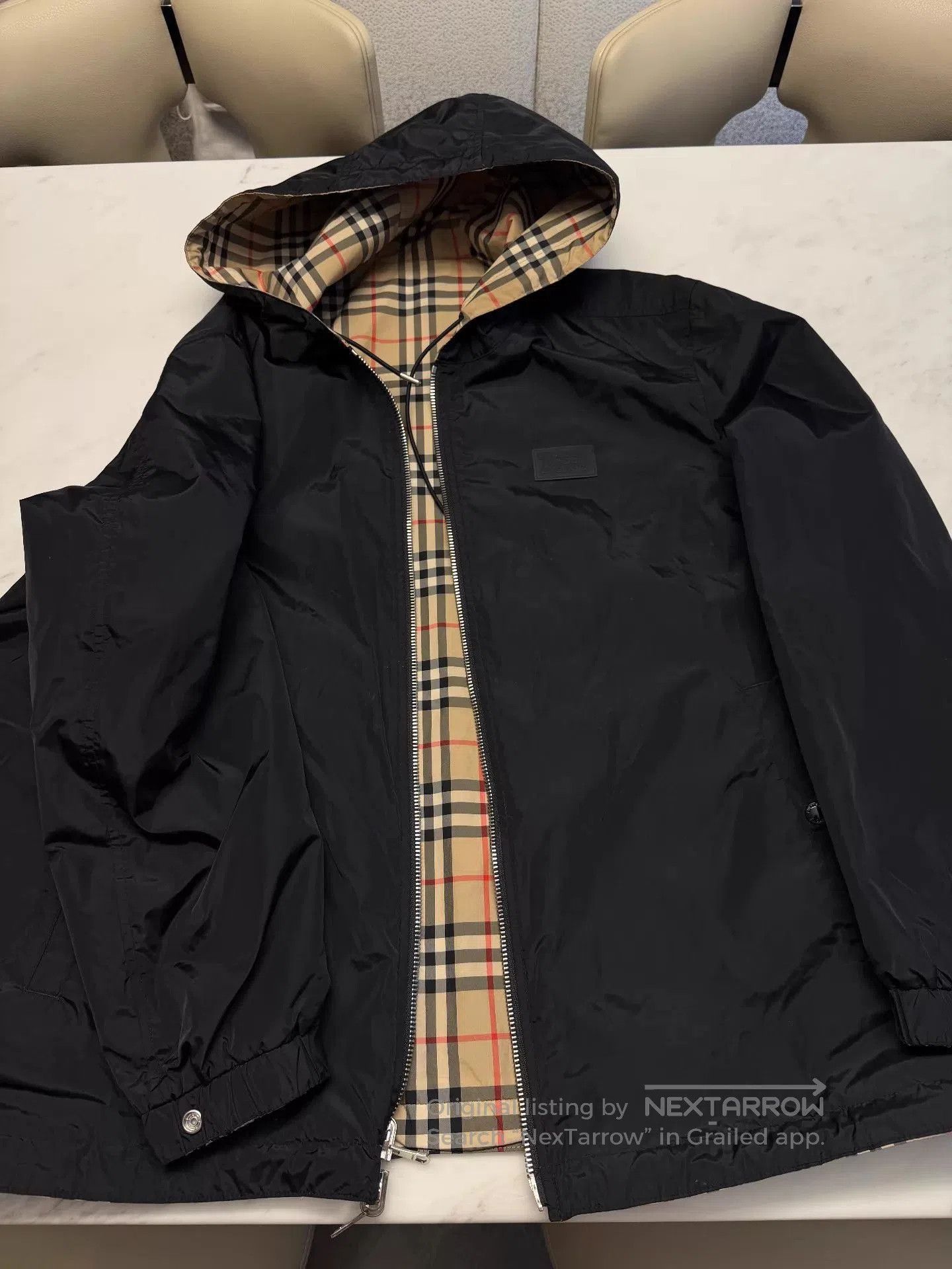 Black Hooded Light Jacket with Plaid Lining - XL.