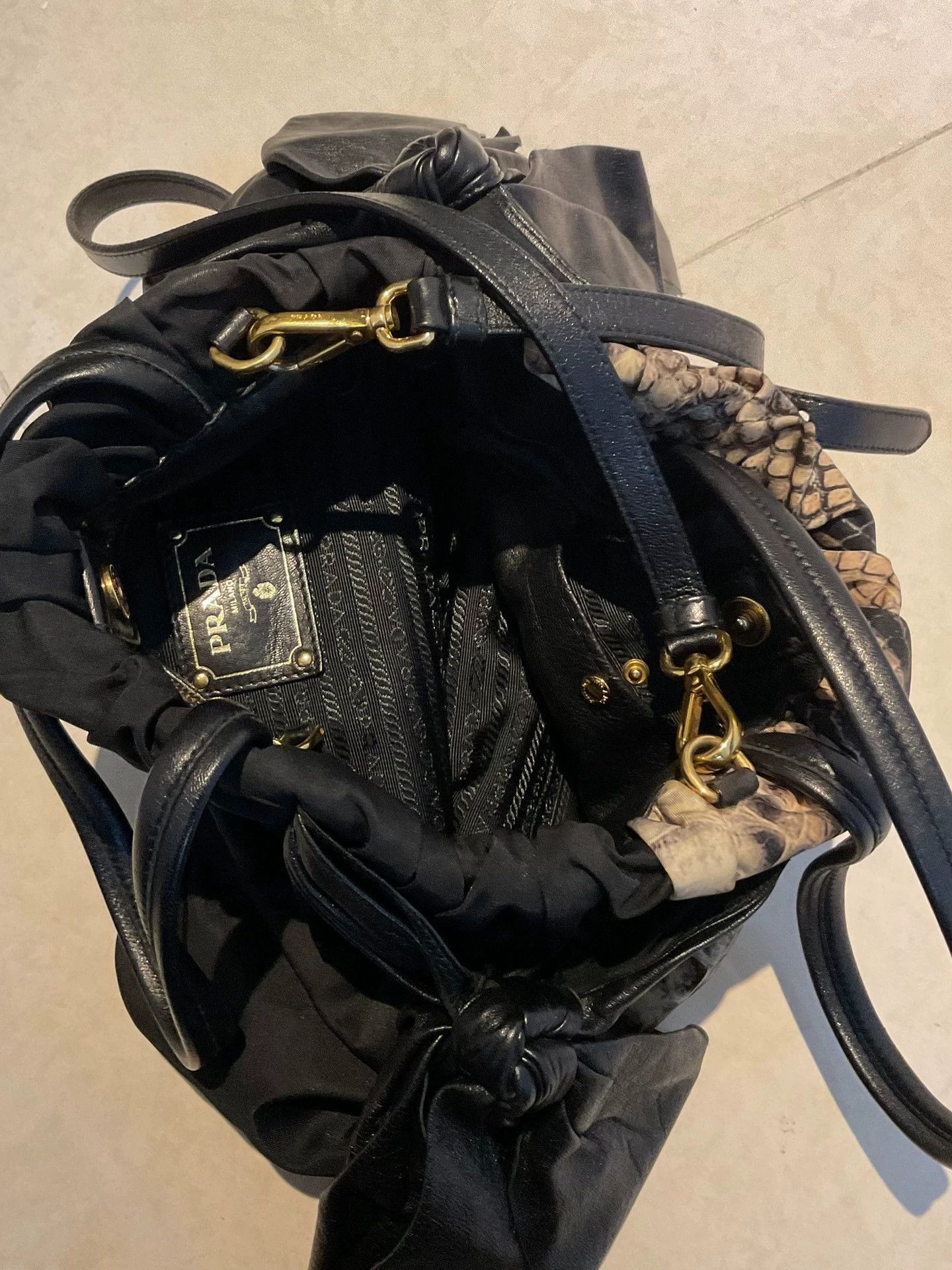 Prada Prada Gaufre Snake Nylon-Leather Crossbody Black Gold Size ONE SIZE - 2 Thumbnail