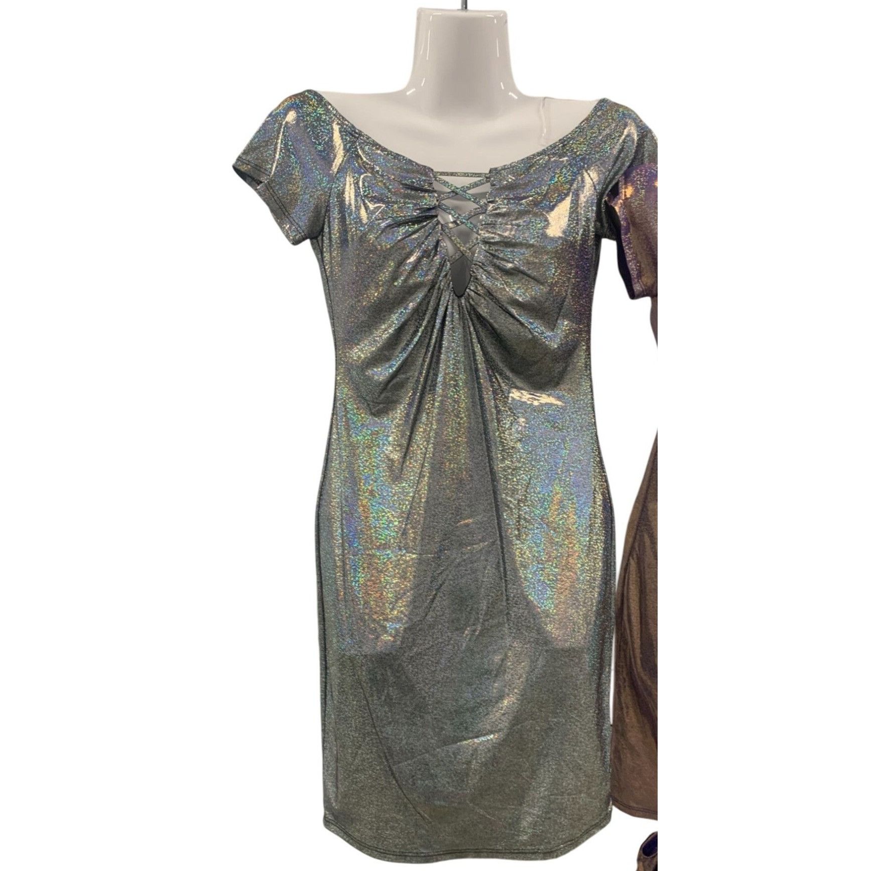 The Unbranded Brand Metallic Off-Shoulder Lace-Up Mini Dress S/M/L Black & Purpl Size S / US 4 / IT 40 - 2 Thumbnail