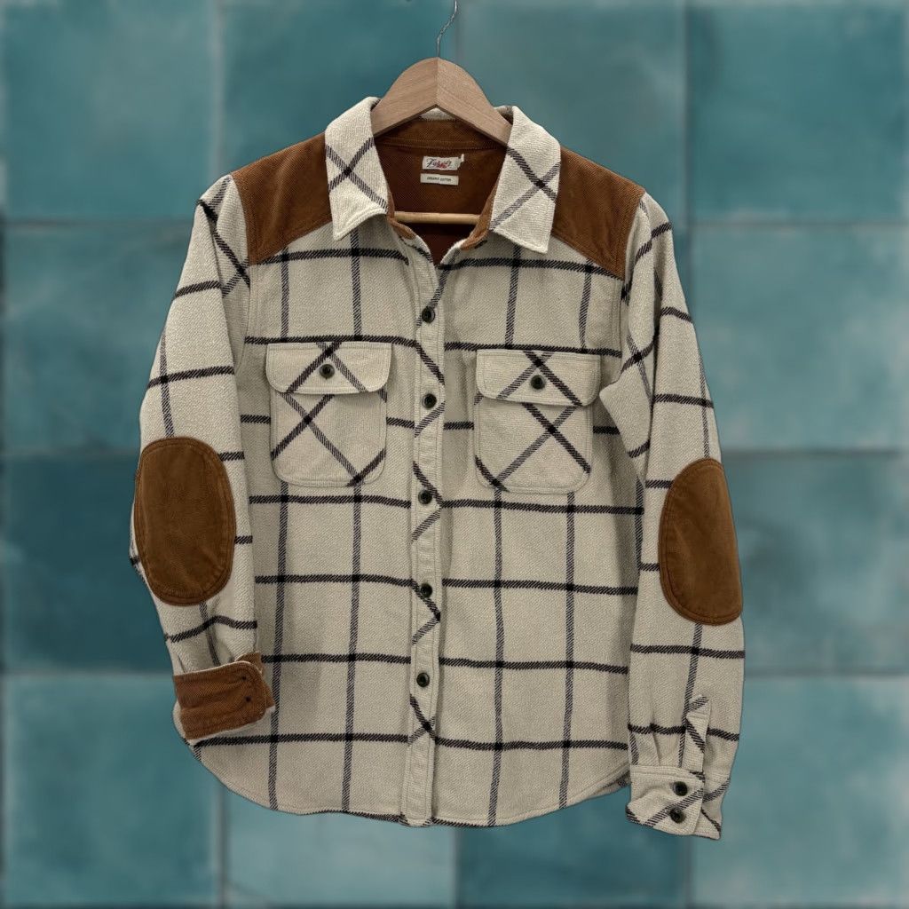 Faherty Faherty Shirt Womens S Beige Windowpane Plaid Flannel Button-Up Elbow Patch Corduroy Knit Stretch Casual Fall Winter Vintage: No (omit) Size S / US 4 / IT 40 - 1 Thumbnail