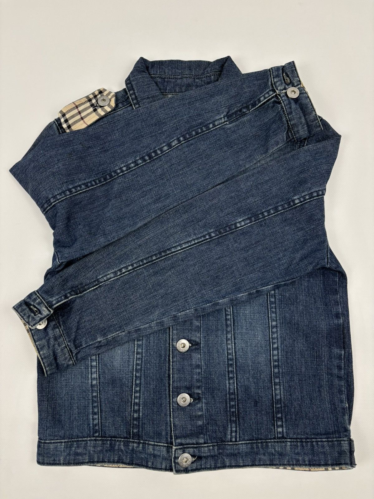 Burberry × Burberry Prorsum × Vintage BURBERRYS Nova Check Trim Denim Blue Trucker Buttons Jacket Jean Crop Bomber XS-S Size XS / US 0-2 / IT 36-38 - 13 Thumbnail