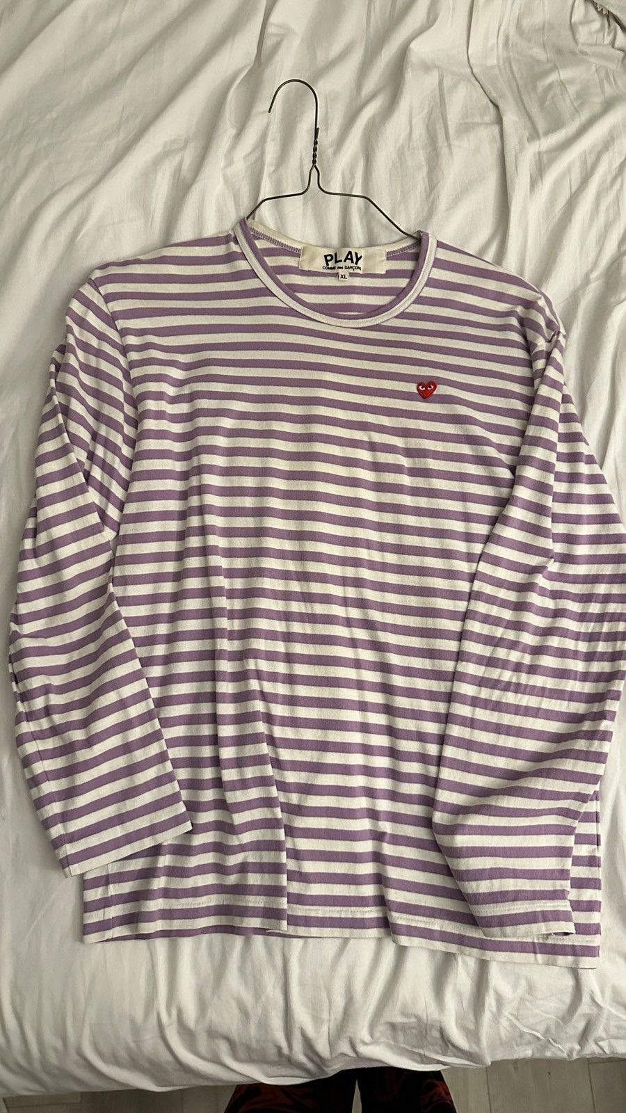 image of Comme Des Garcons x Comme Des Garcons Play Comme Des Garçon Purple Heart And Stripe Shirt (Size XL)