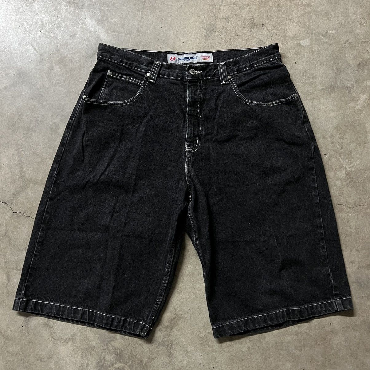 image of Vintage Y2K Anchor Blue Beyond Baggy Denim Jean Shorts in Black, Men's (Size 36)