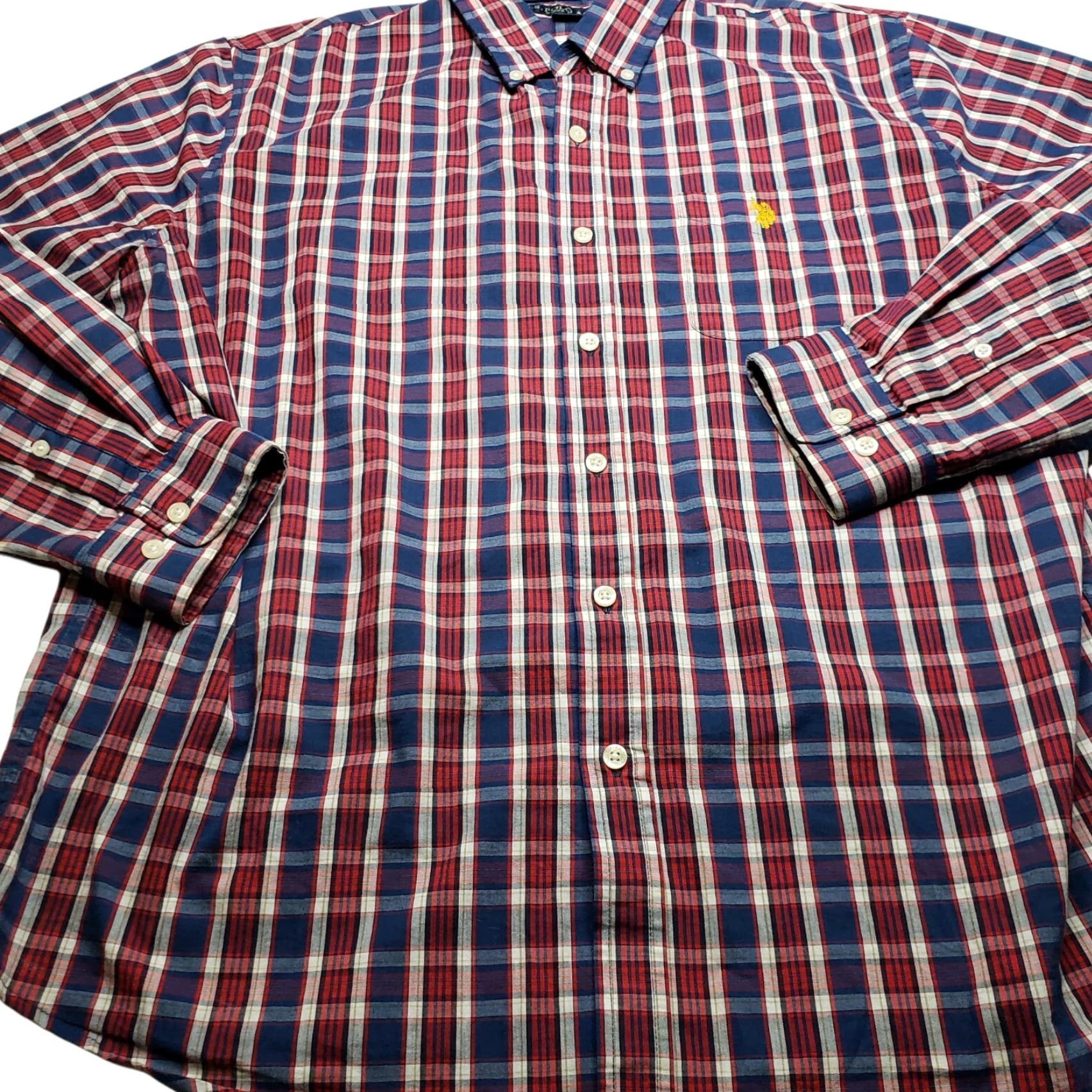 US Polo Assn Button-Down Shirt Long Sleeve XL Crest Plaid Red White Blue Cotton Blend Men's Shirt