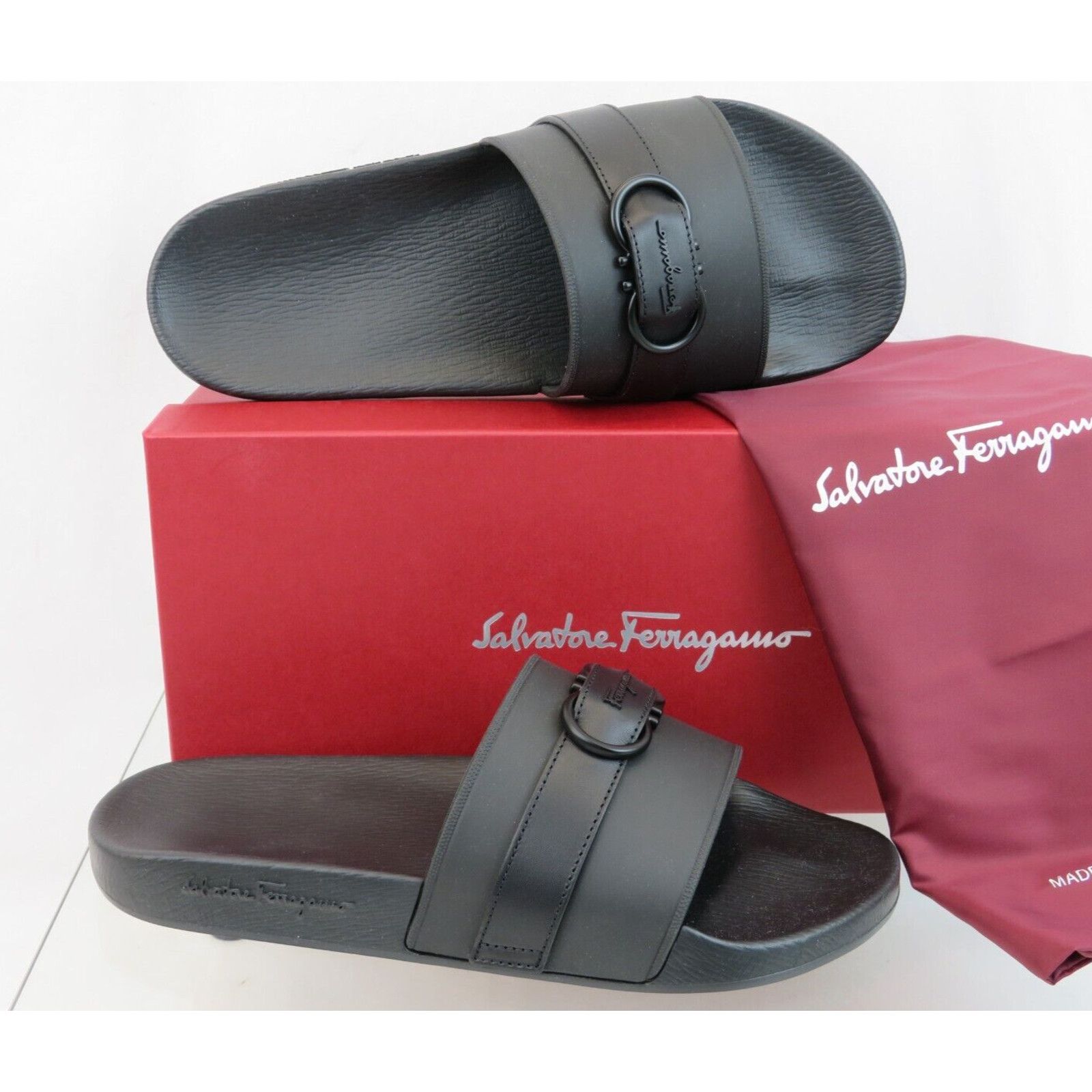 image of Salvatore Ferragamo Groove 10 Black Leather Gancini Rubber Logo Sandal Slides 12, Men's